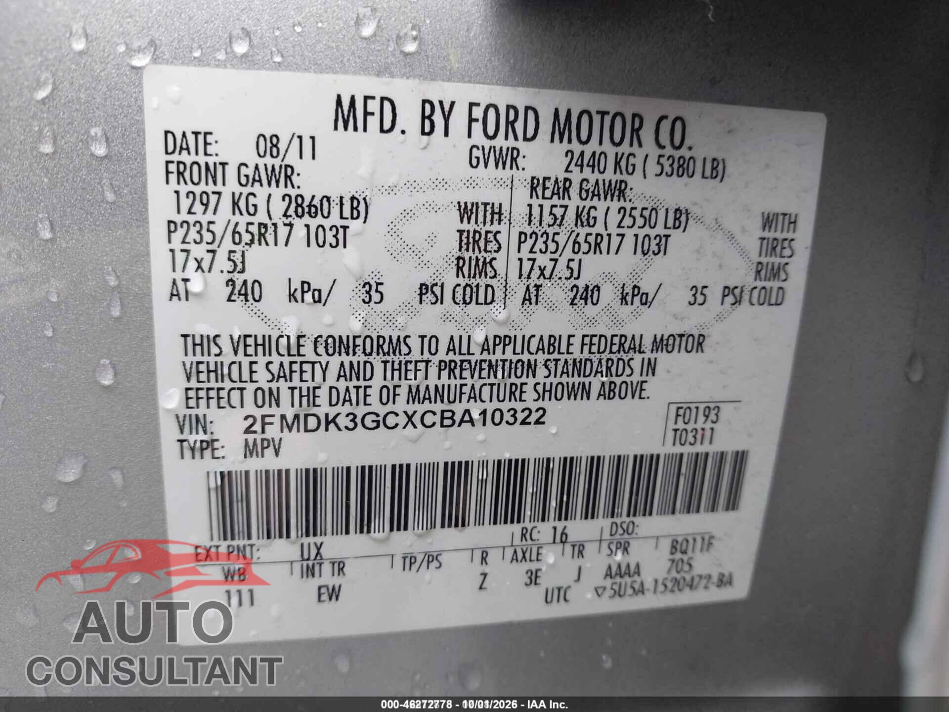 FORD EDGE 2012 - 2FMDK3GCXCBA10322