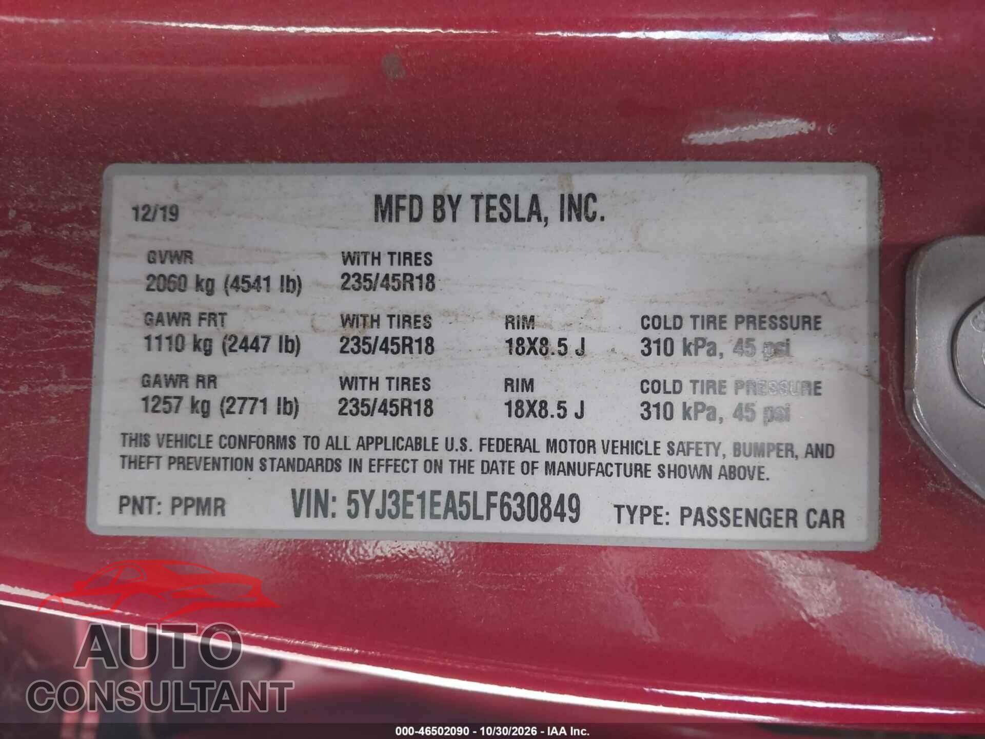 TESLA MODEL 3 2020 - 5YJ3E1EA5LF630849