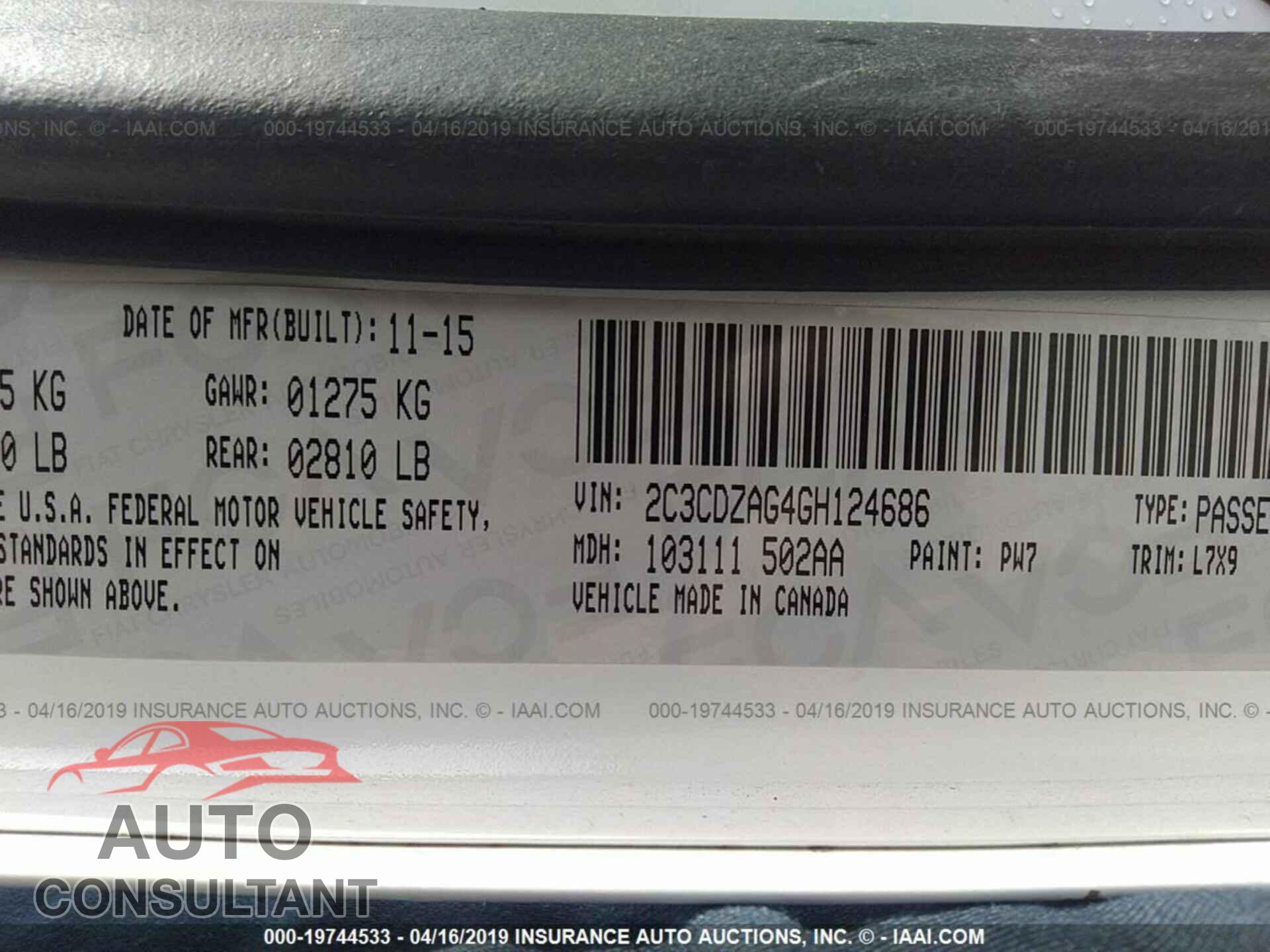 DODGE CHALLENGER 2016 - 2C3CDZAG4GH124686