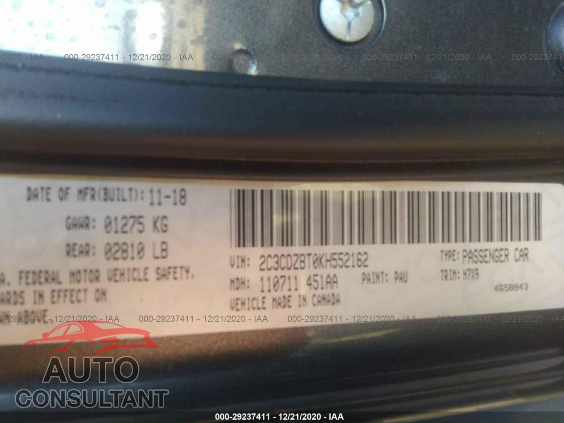 DODGE CHALLENGER 2019 - 2C3CDZBT0KH552162