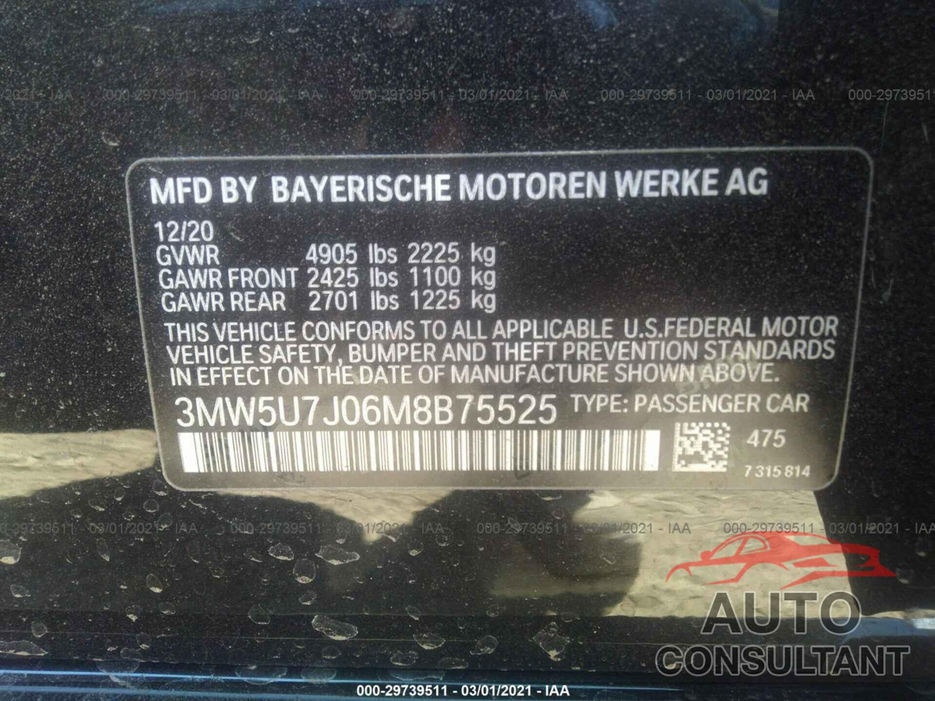 BMW 3 SERIES 2021 - 3MW5U7J06M8B75525