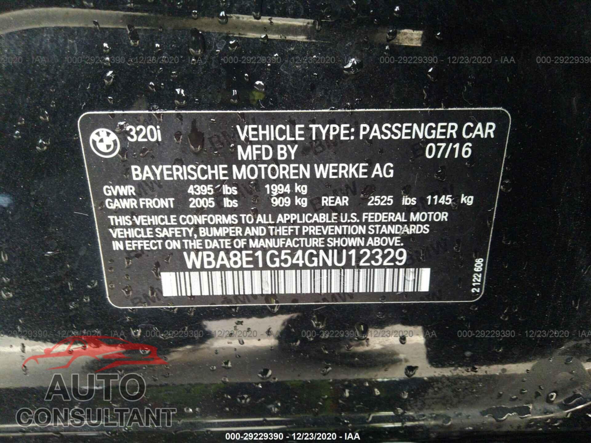 BMW 3 SERIES 2016 - WBA8E1G54GNU12329