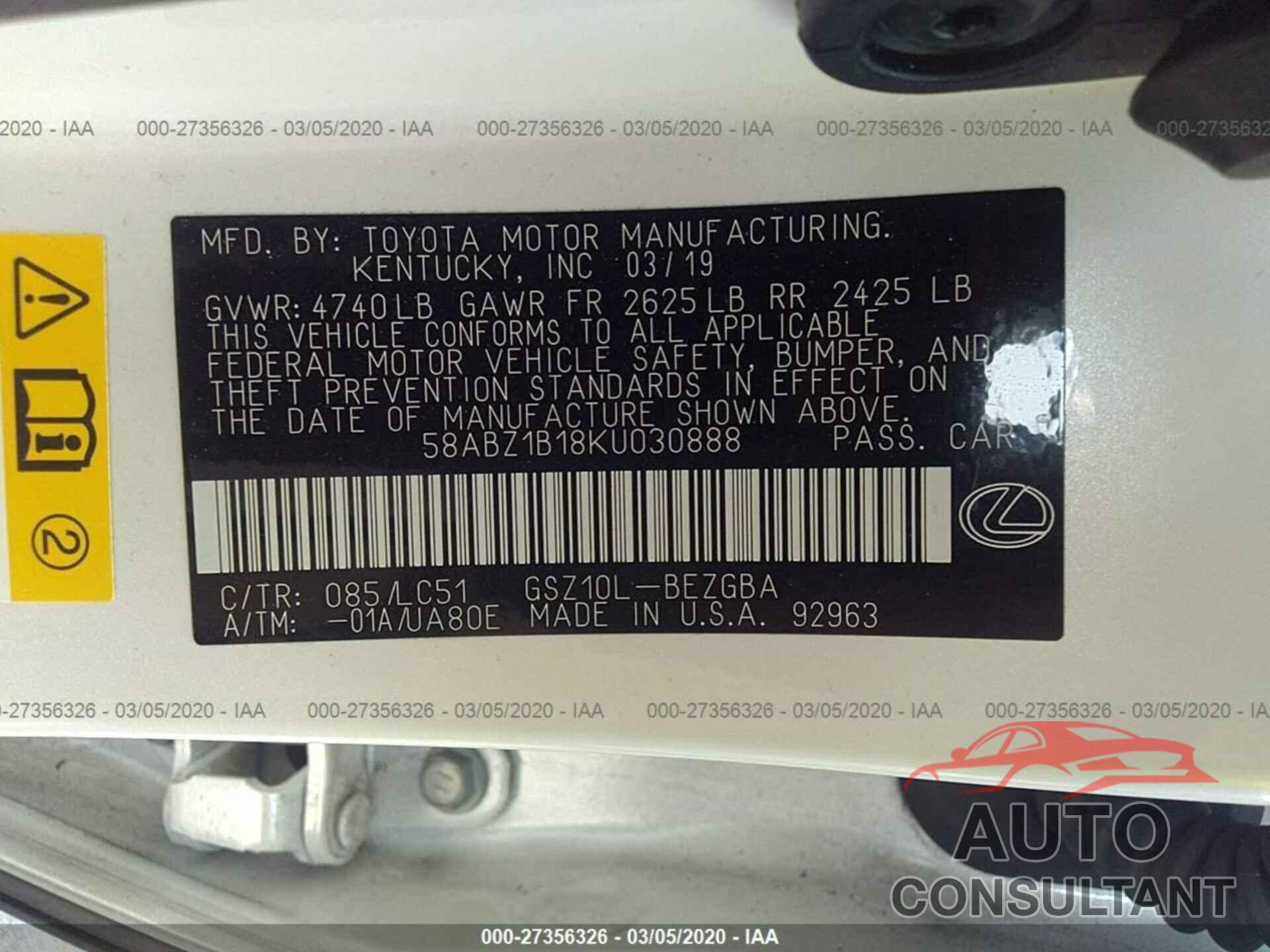 LEXUS ES 2019 - 58ABZ1B18KU030888