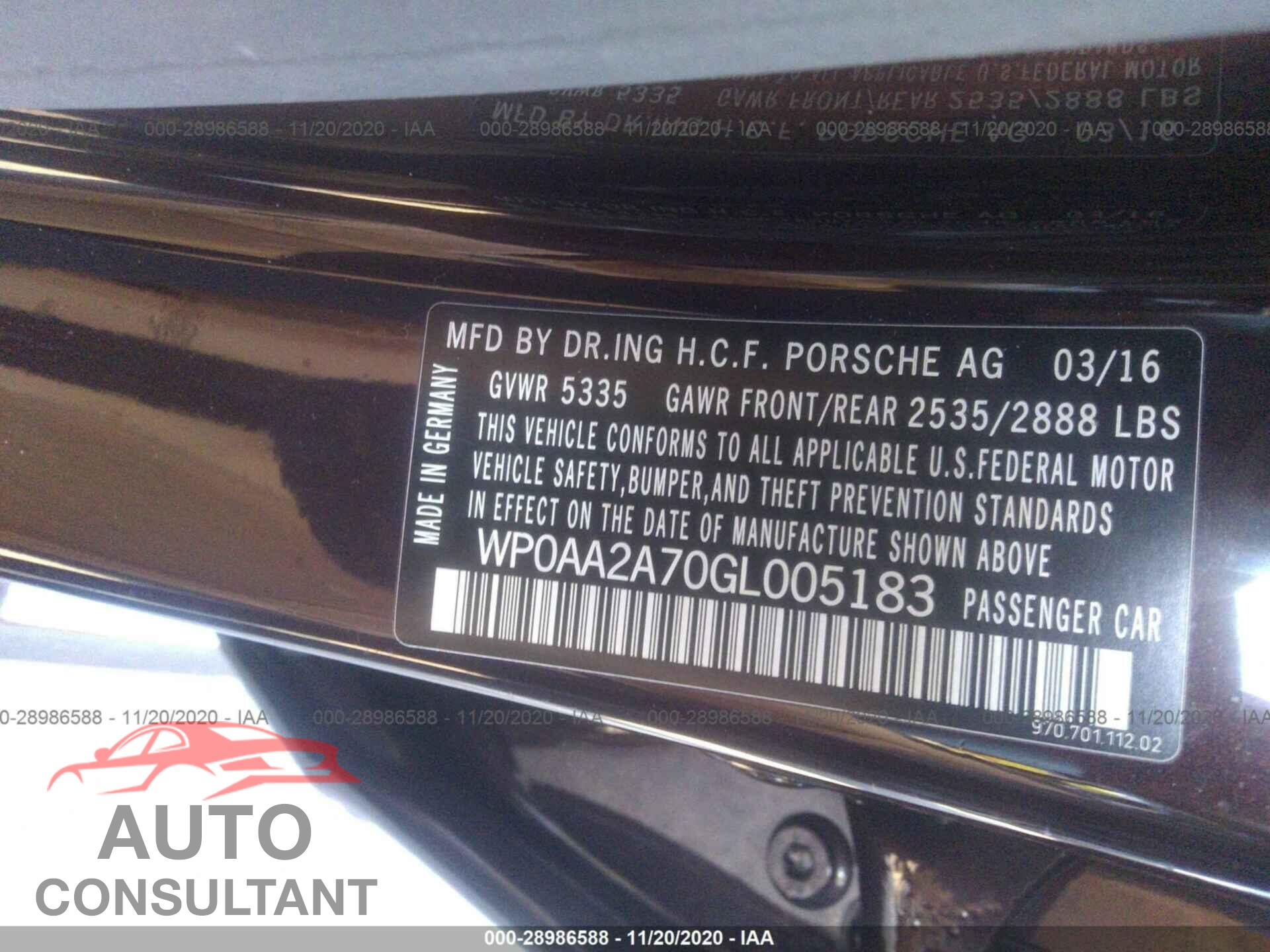 PORSCHE PANAMERA 2016 - WP0AA2A70GL005183