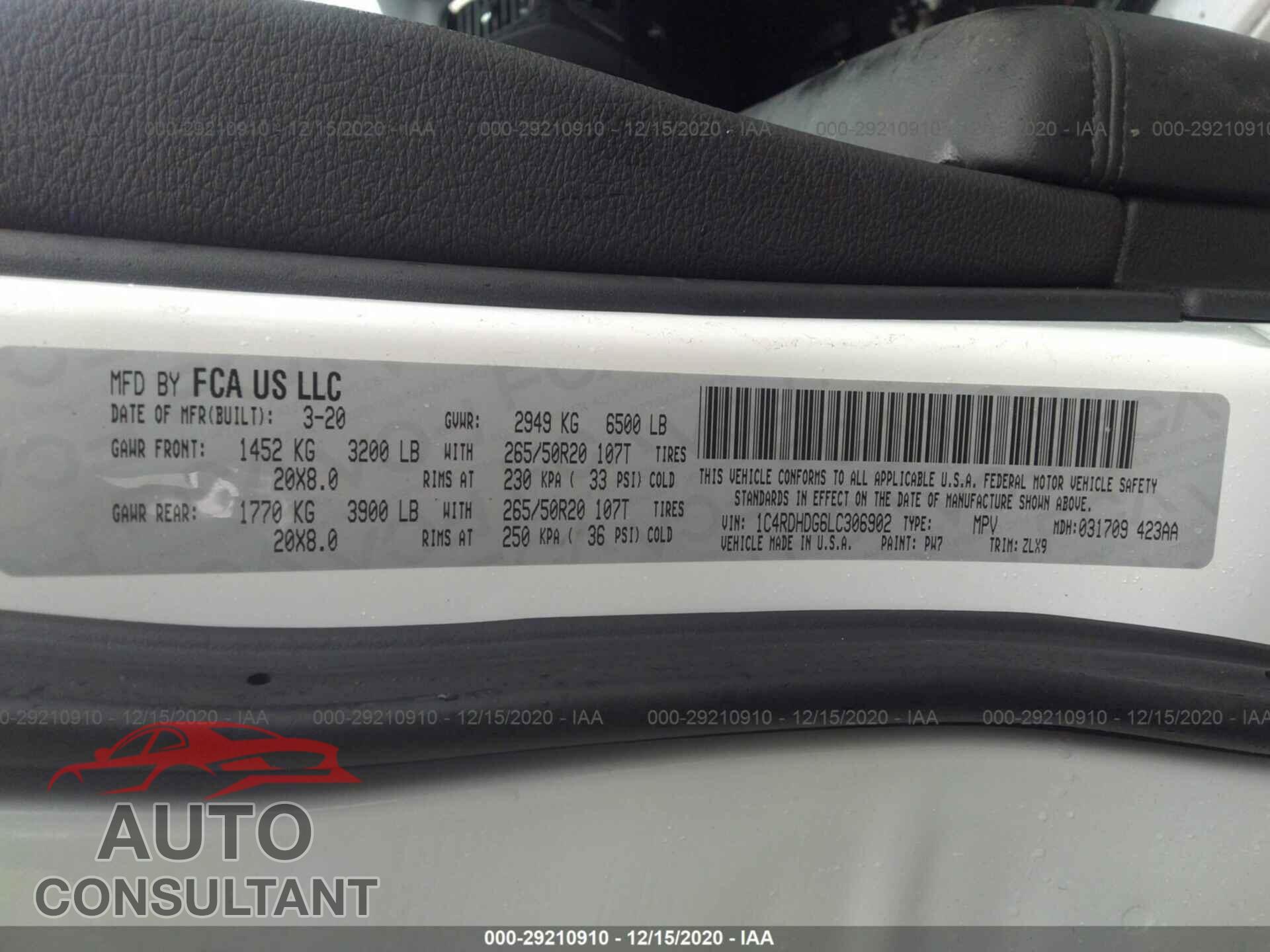 DODGE DURANGO 2020 - 1C4RDHDG6LC306902