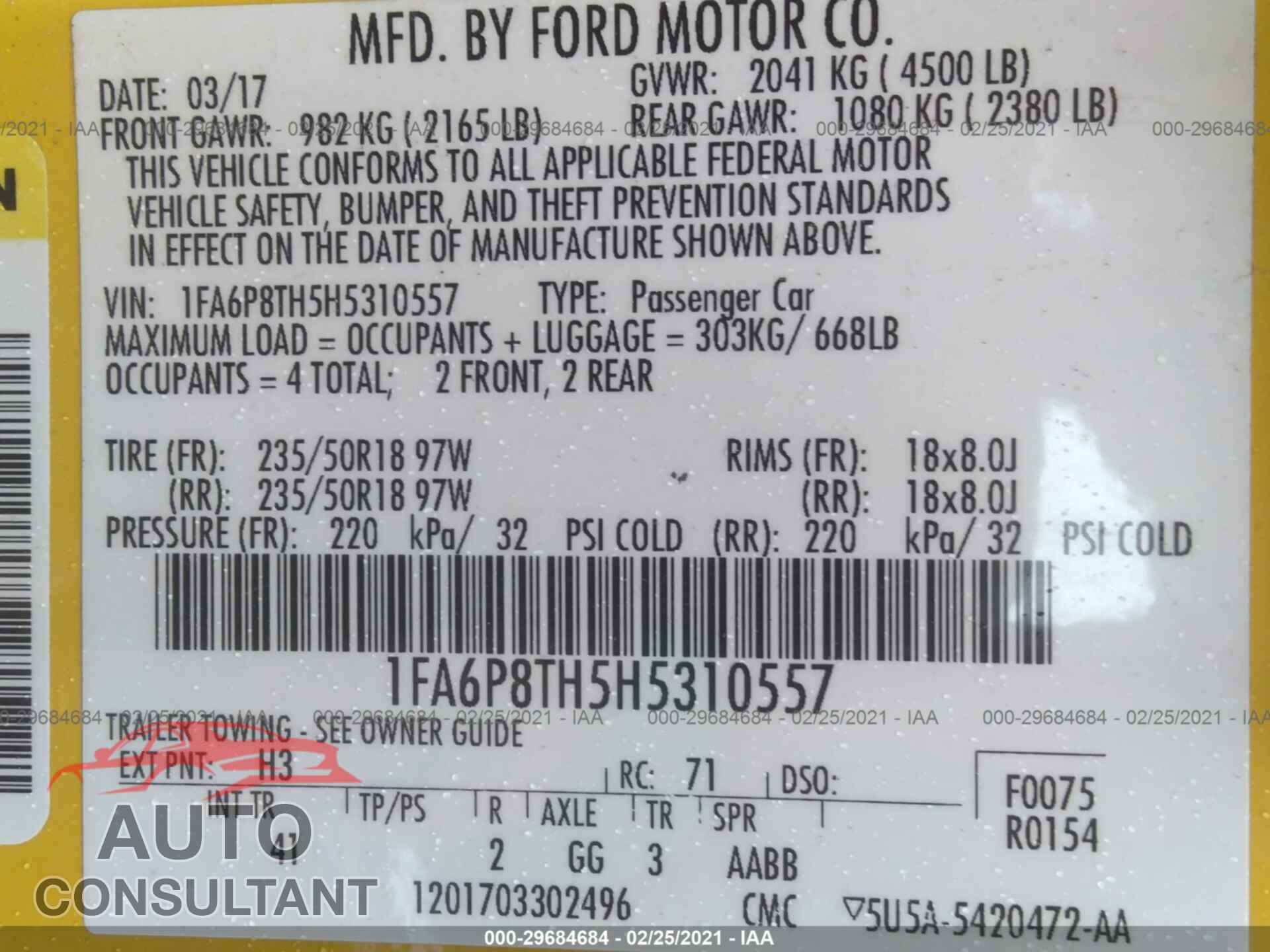 FORD MUSTANG 2017 - 1FA6P8TH5H5310557
