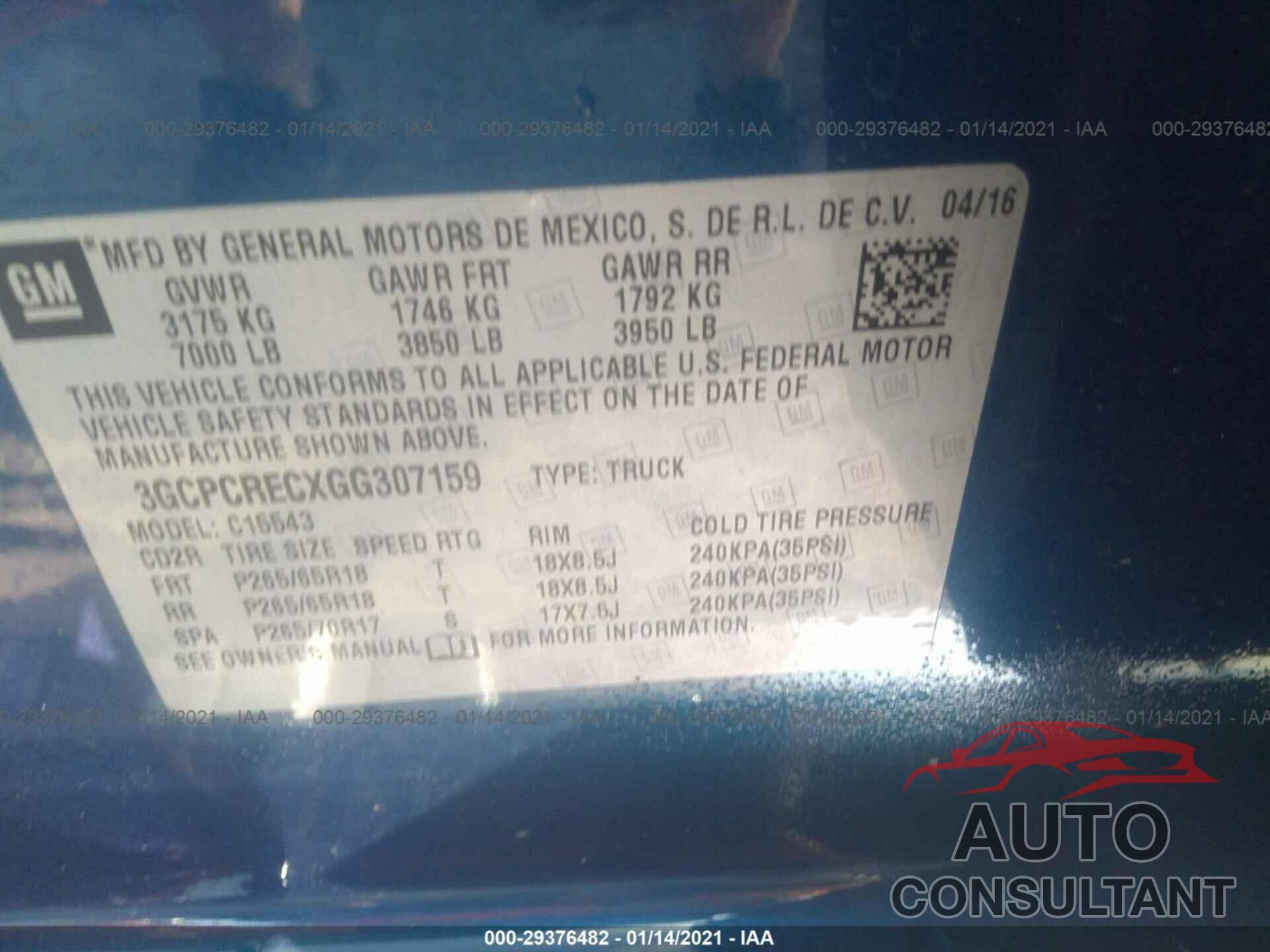 CHEVROLET SILVERADO 1500 2016 - 3GCPCRECXGG307159