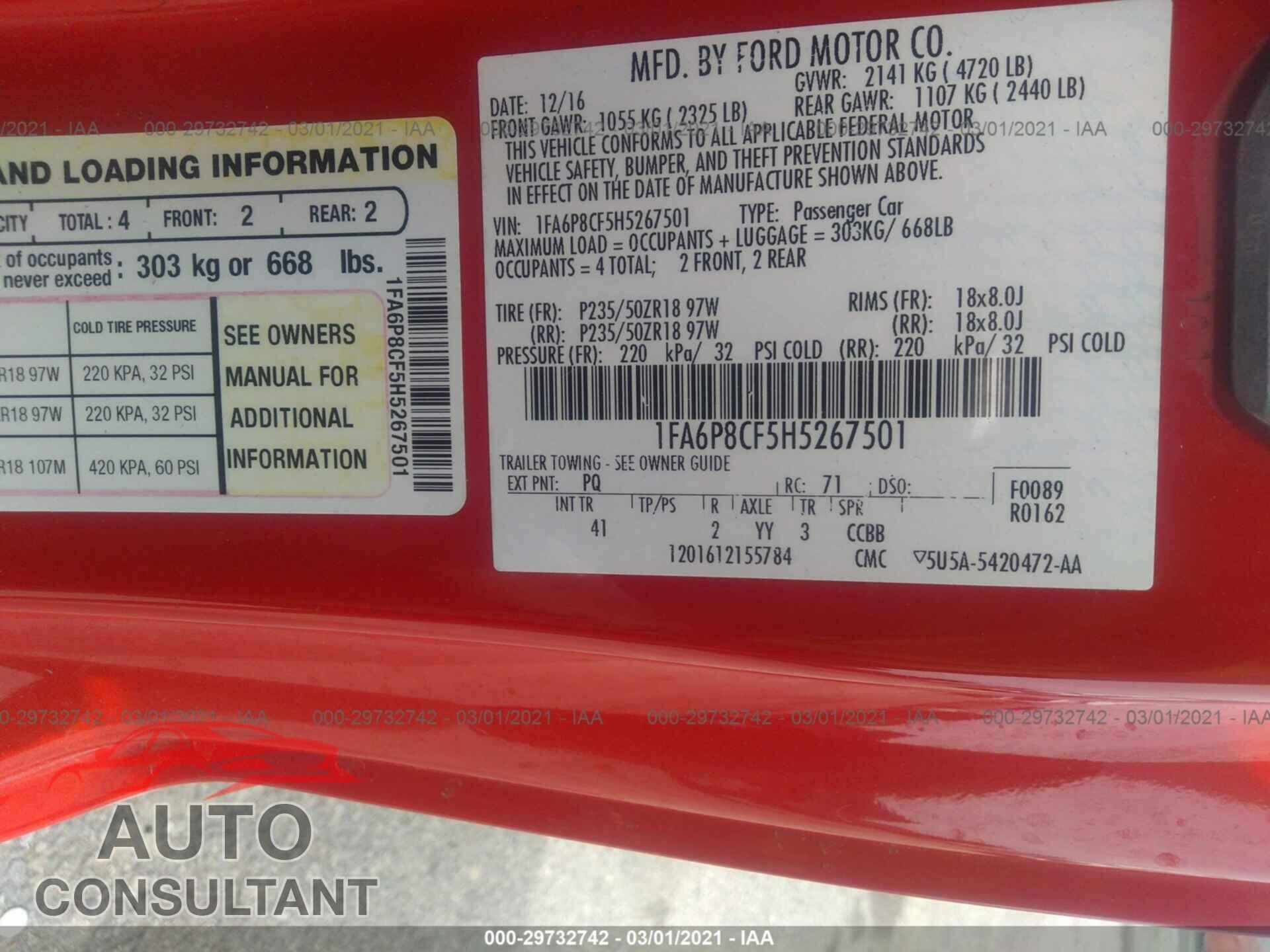 FORD MUSTANG 2017 - 1FA6P8CF5H5267501