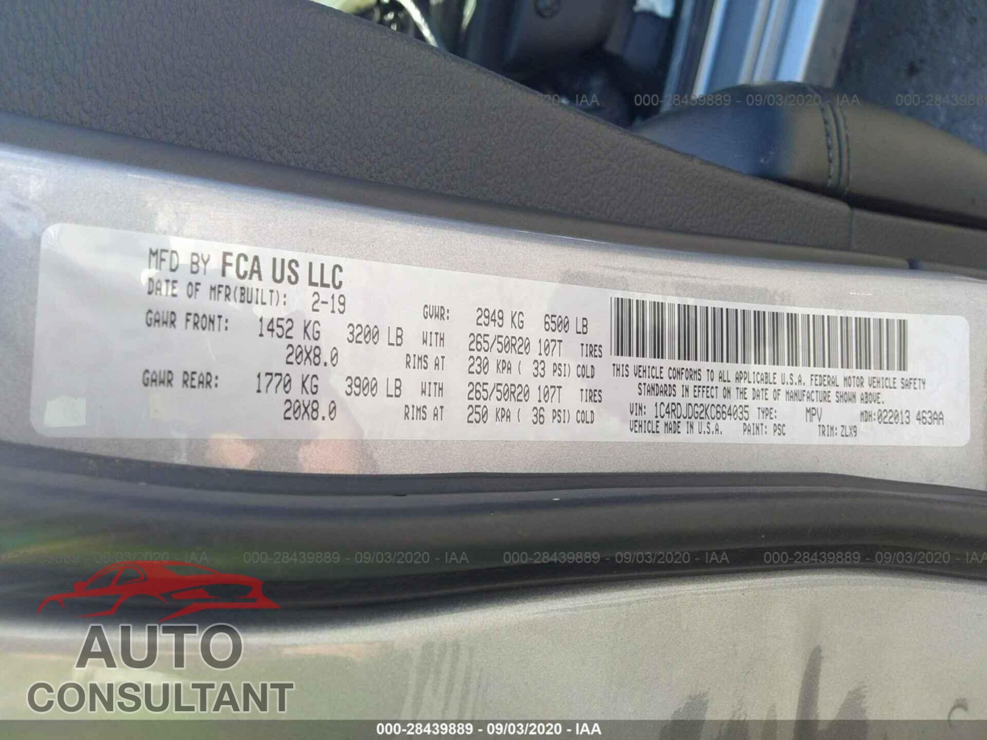 DODGE DURANGO 2019 - 1C4RDJDG2KC664035