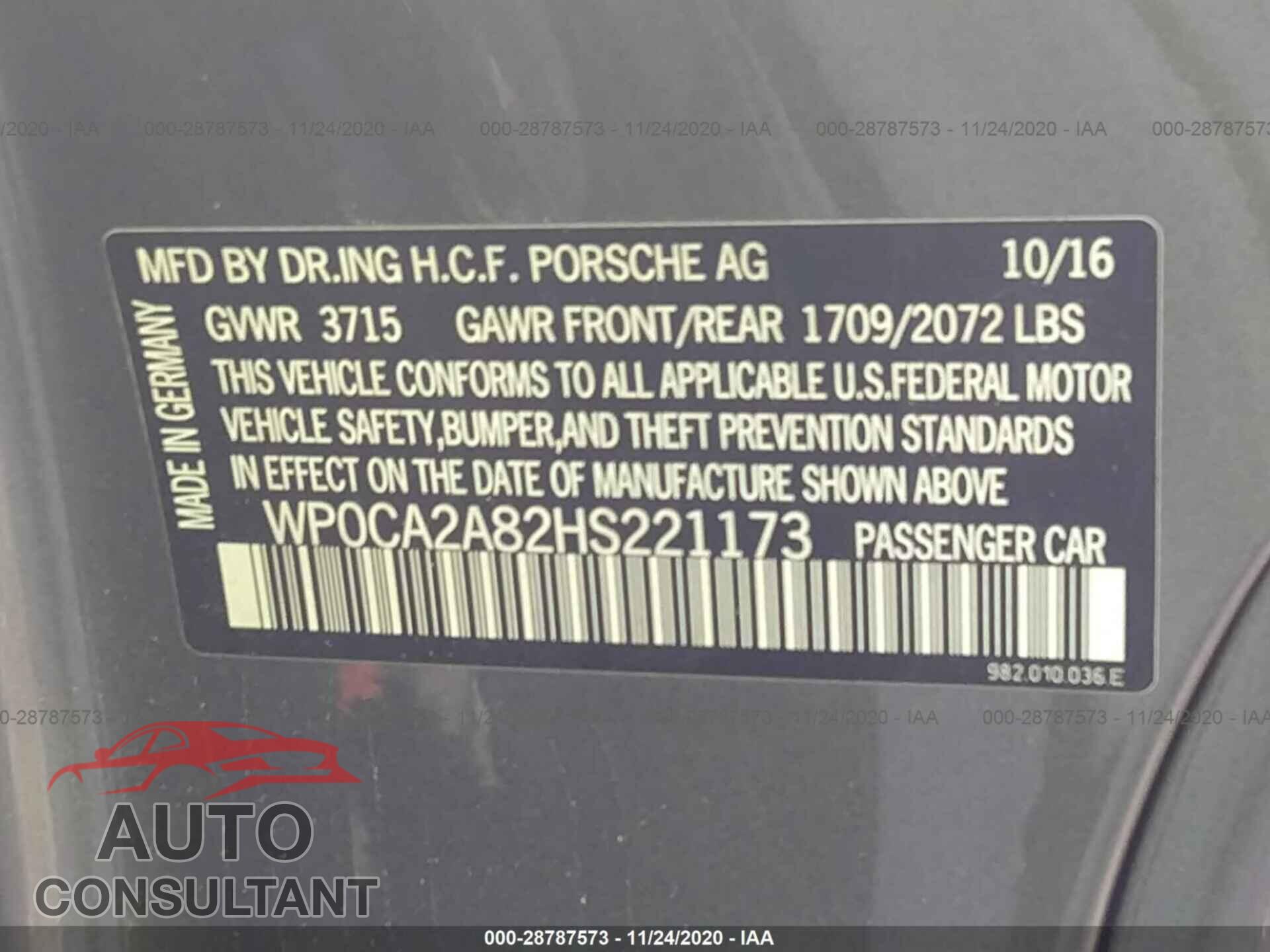PORSCHE 718 BOXSTER 2017 - WP0CA2A82HS221173