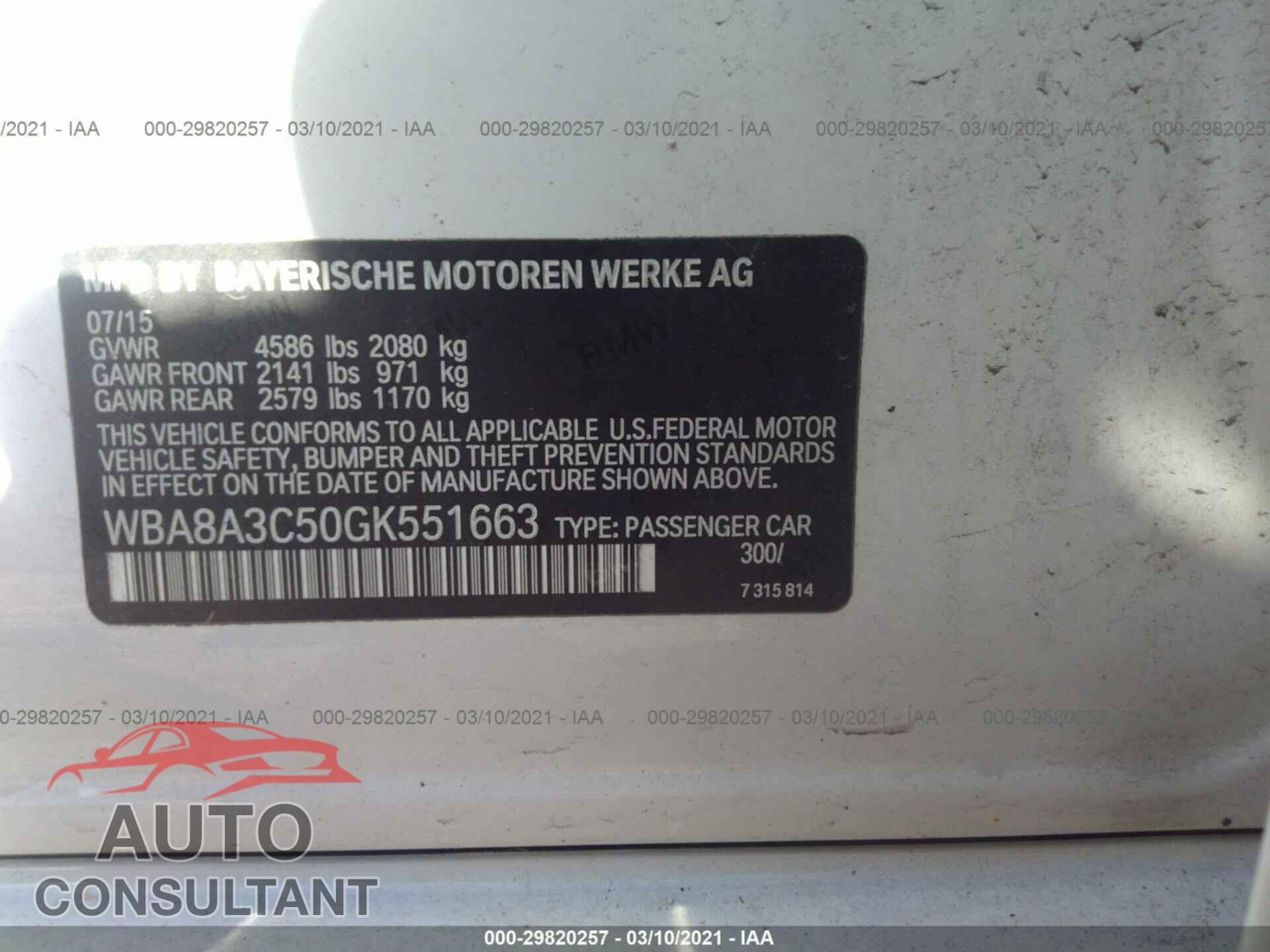 BMW 3 SERIES 2016 - WBA8A3C50GK551663