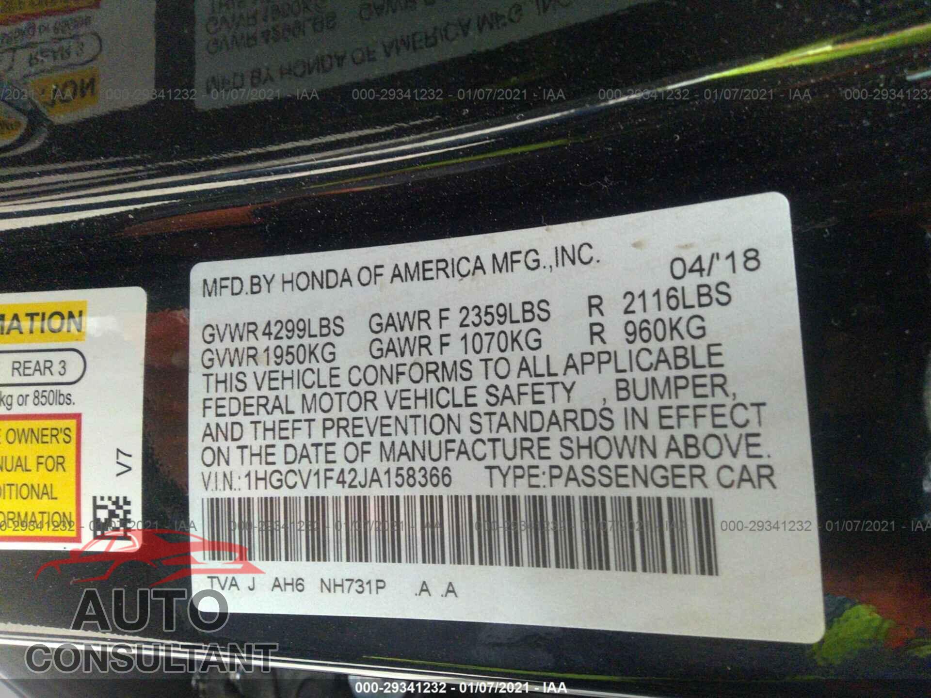 HONDA ACCORD SEDAN 2018 - 1HGCV1F42JA158366