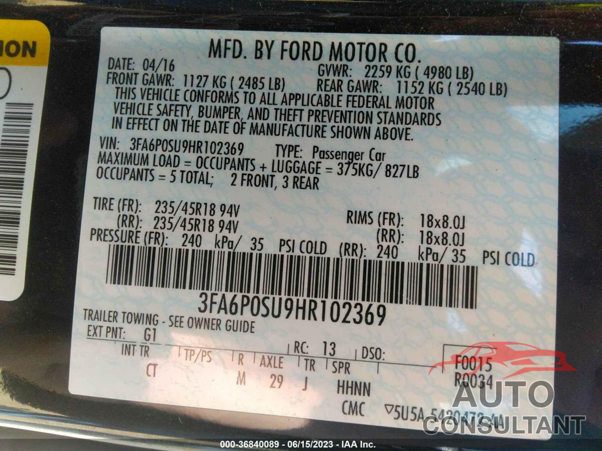 FORD FUSION ENERGI 2017 - 3FA6P0SU9HR102369