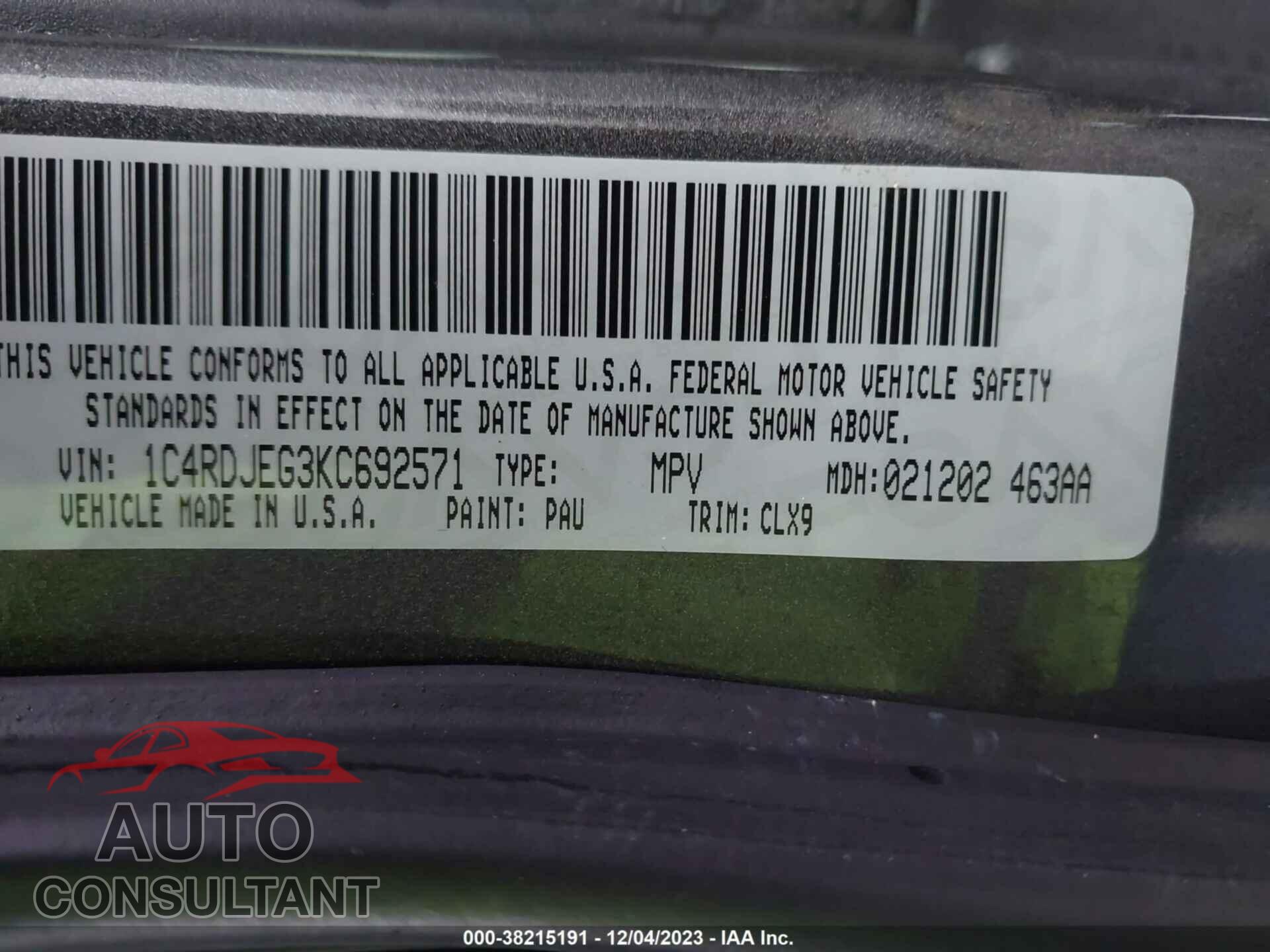 DODGE DURANGO 2019 - 1C4RDJEG3KC692571
