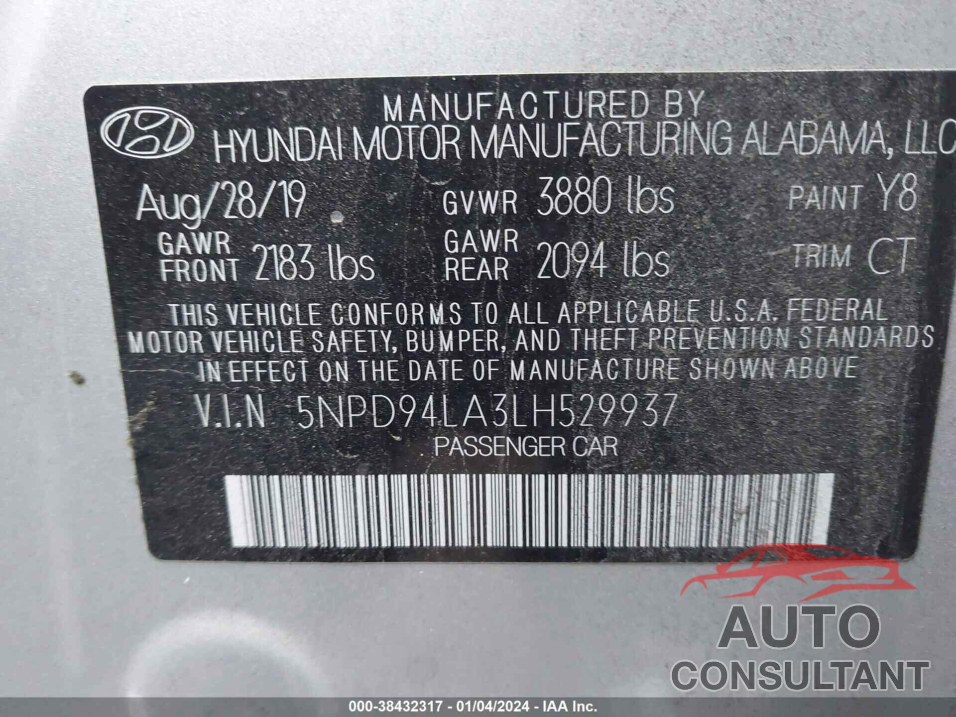 HYUNDAI ELANTRA 2020 - 5NPD94LA3LH529937