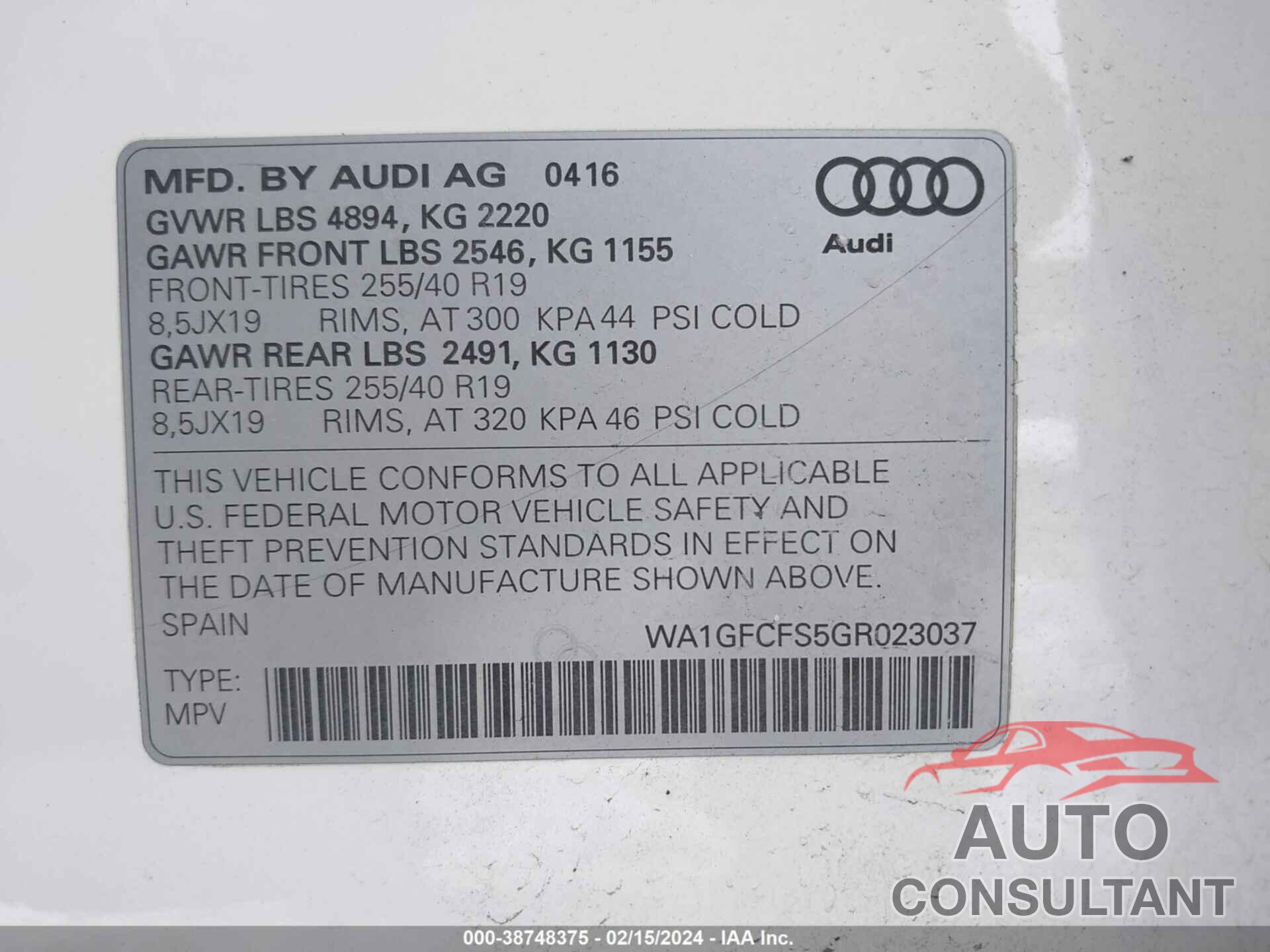 AUDI Q3 2016 - WA1GFCFS5GR023037