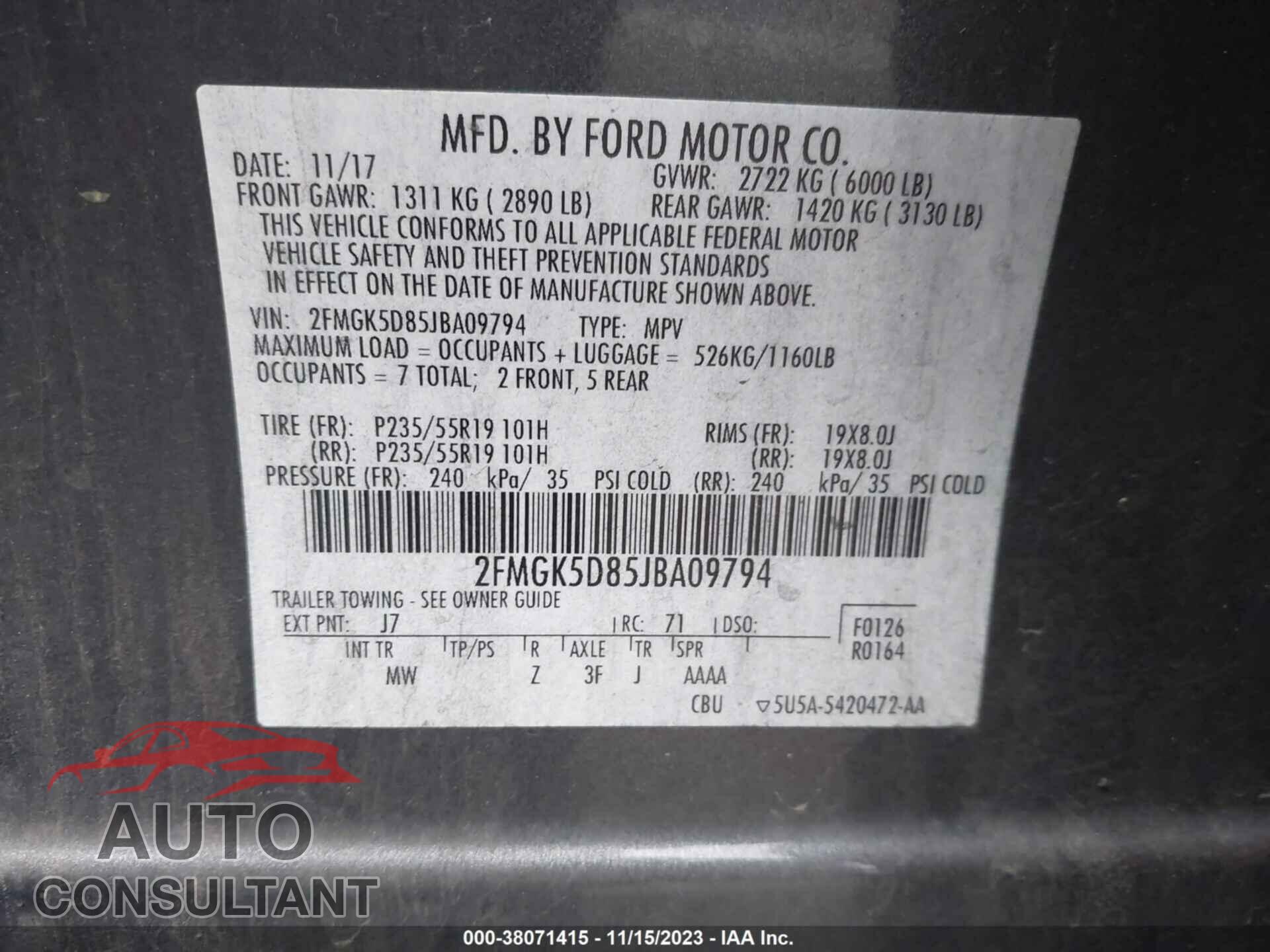FORD FLEX 2018 - 2FMGK5D85JBA09794