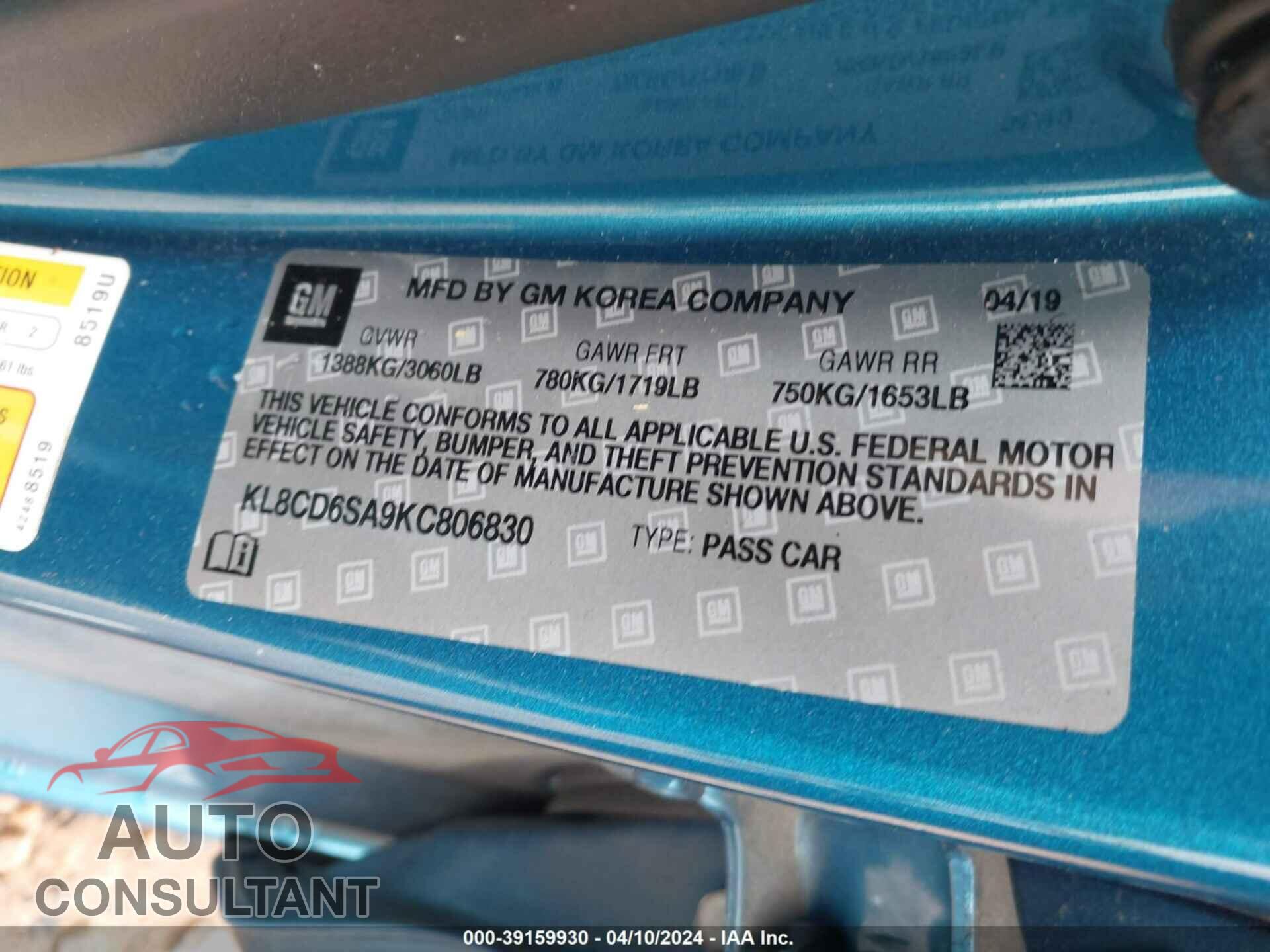 CHEVROLET SPARK 2019 - KL8CD6SA9KC806830