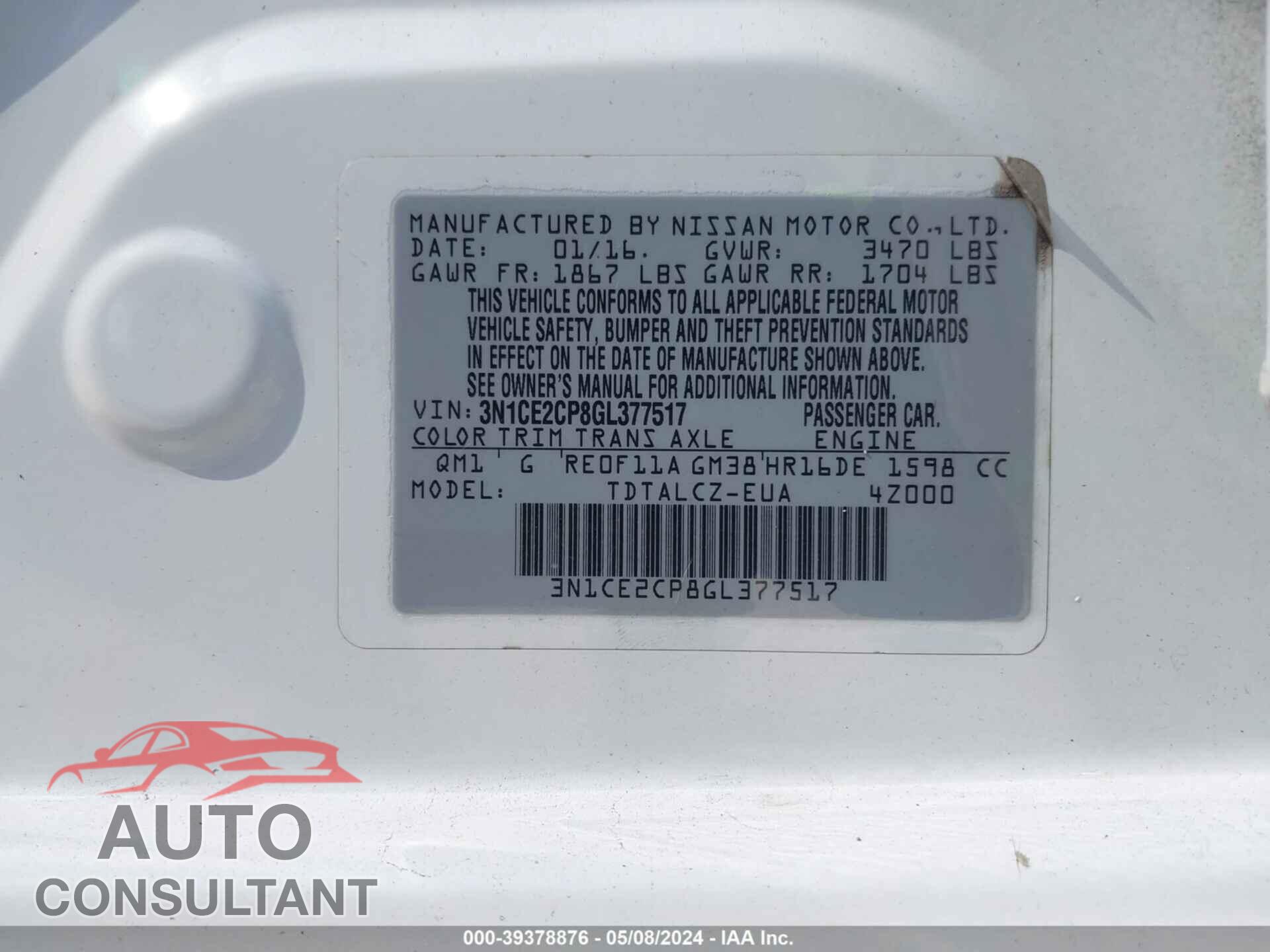 NISSAN VERSA NOTE 2016 - 3N1CE2CP8GL377517