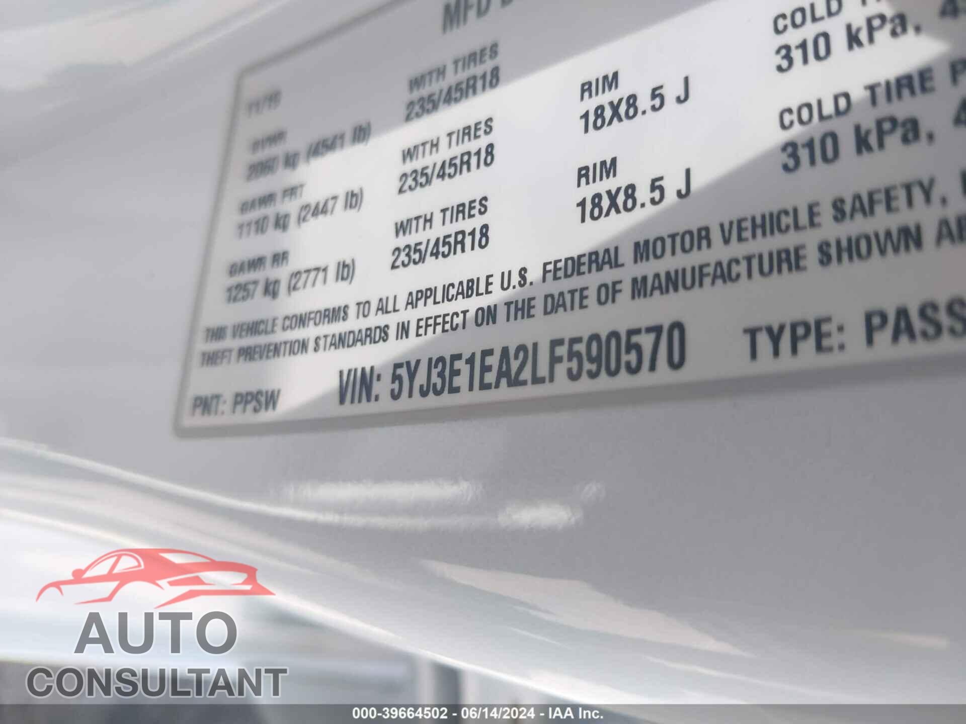 TESLA MODEL 3 2020 - 5YJ3E1EA2LF590570