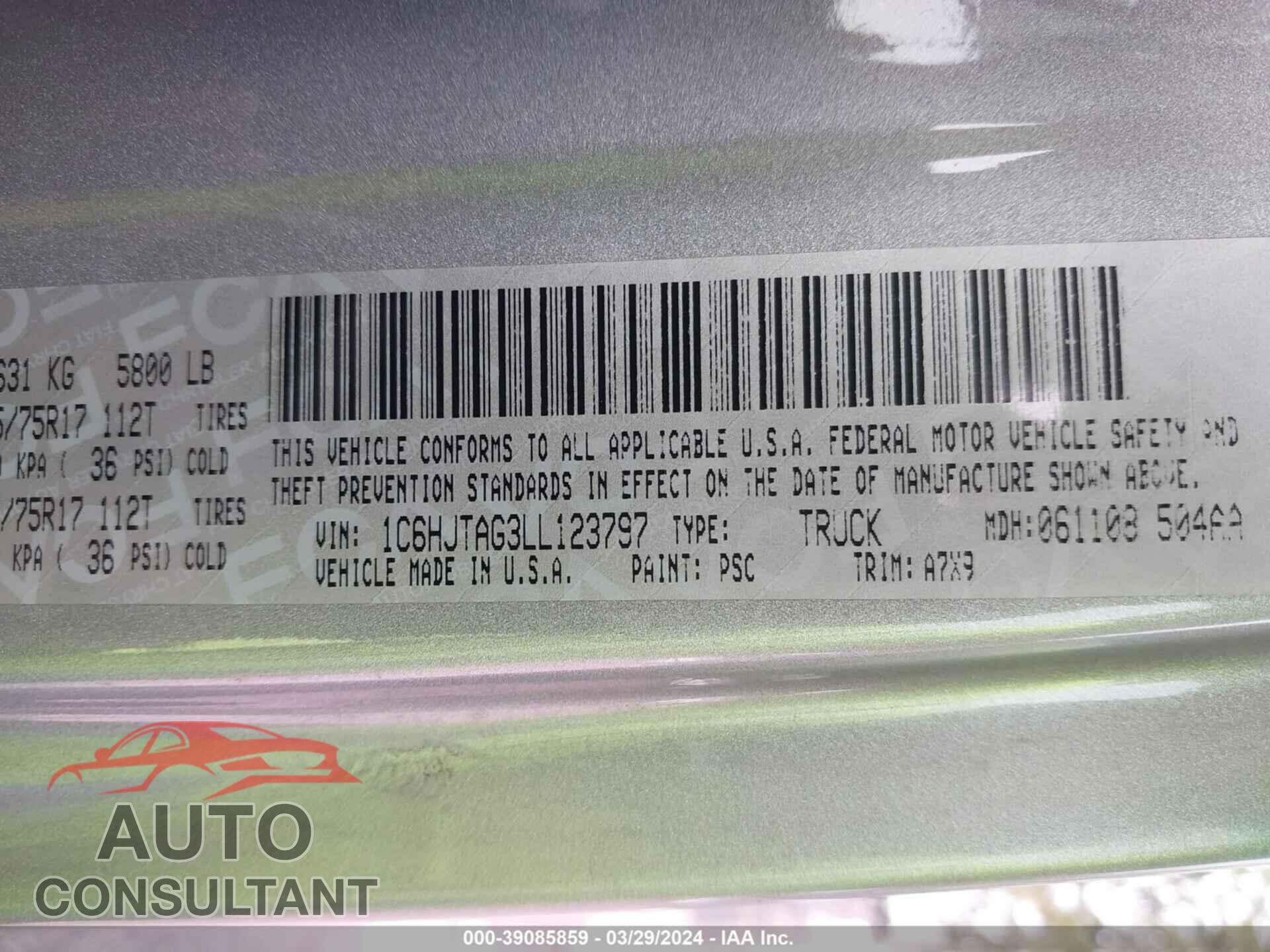 JEEP GLADIATOR 2020 - 1C6HJTAG3LL123797