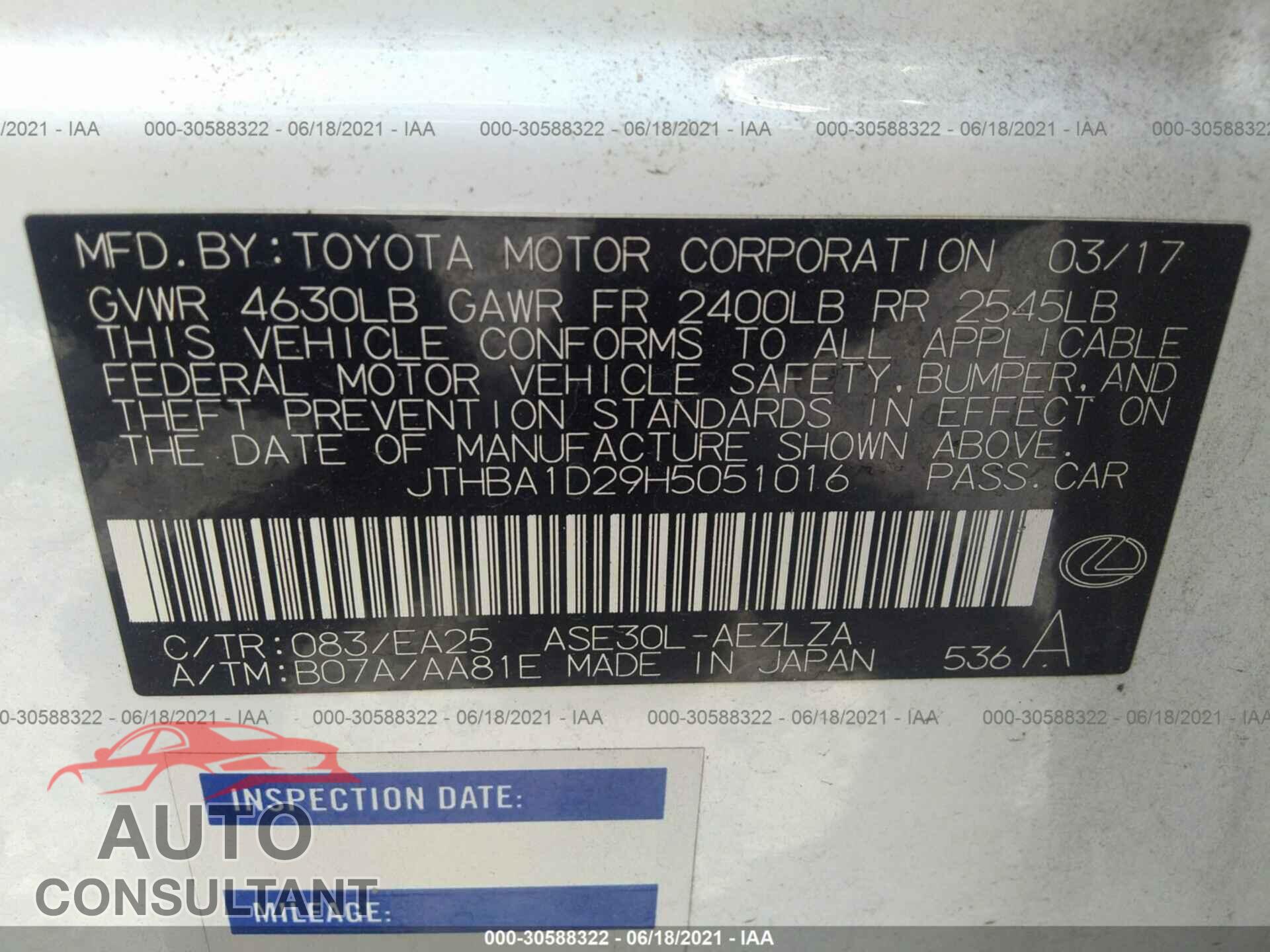 LEXUS IS 2017 - JTHBA1D29H5051016