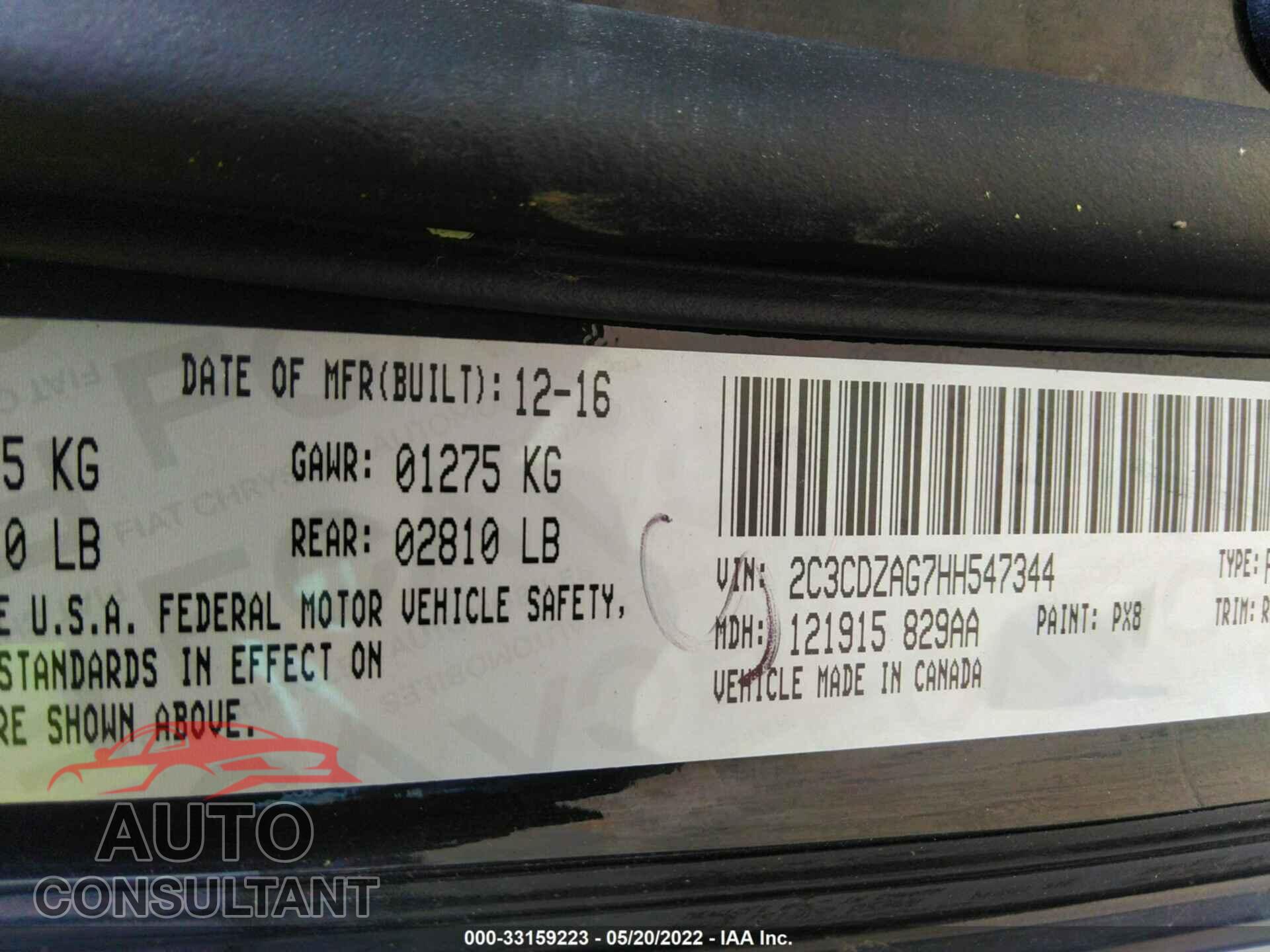 DODGE CHALLENGER 2017 - 2C3CDZAG7HH547344