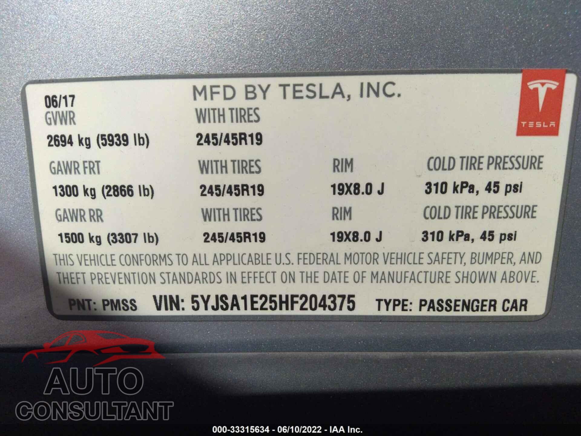 TESLA MODEL S 2017 - 5YJSA1E25HF204375