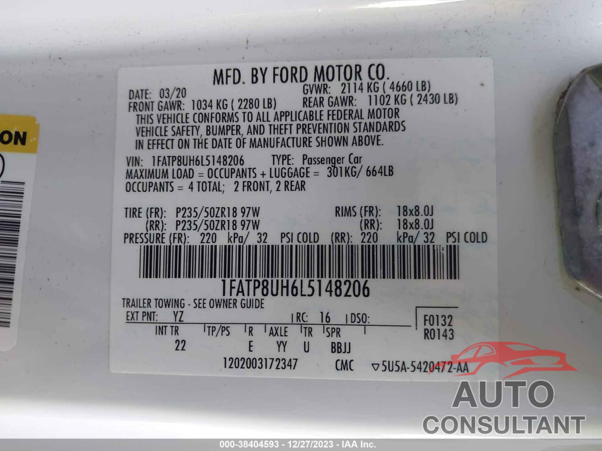 FORD MUSTANG 2020 - 1FATP8UH6L5148206