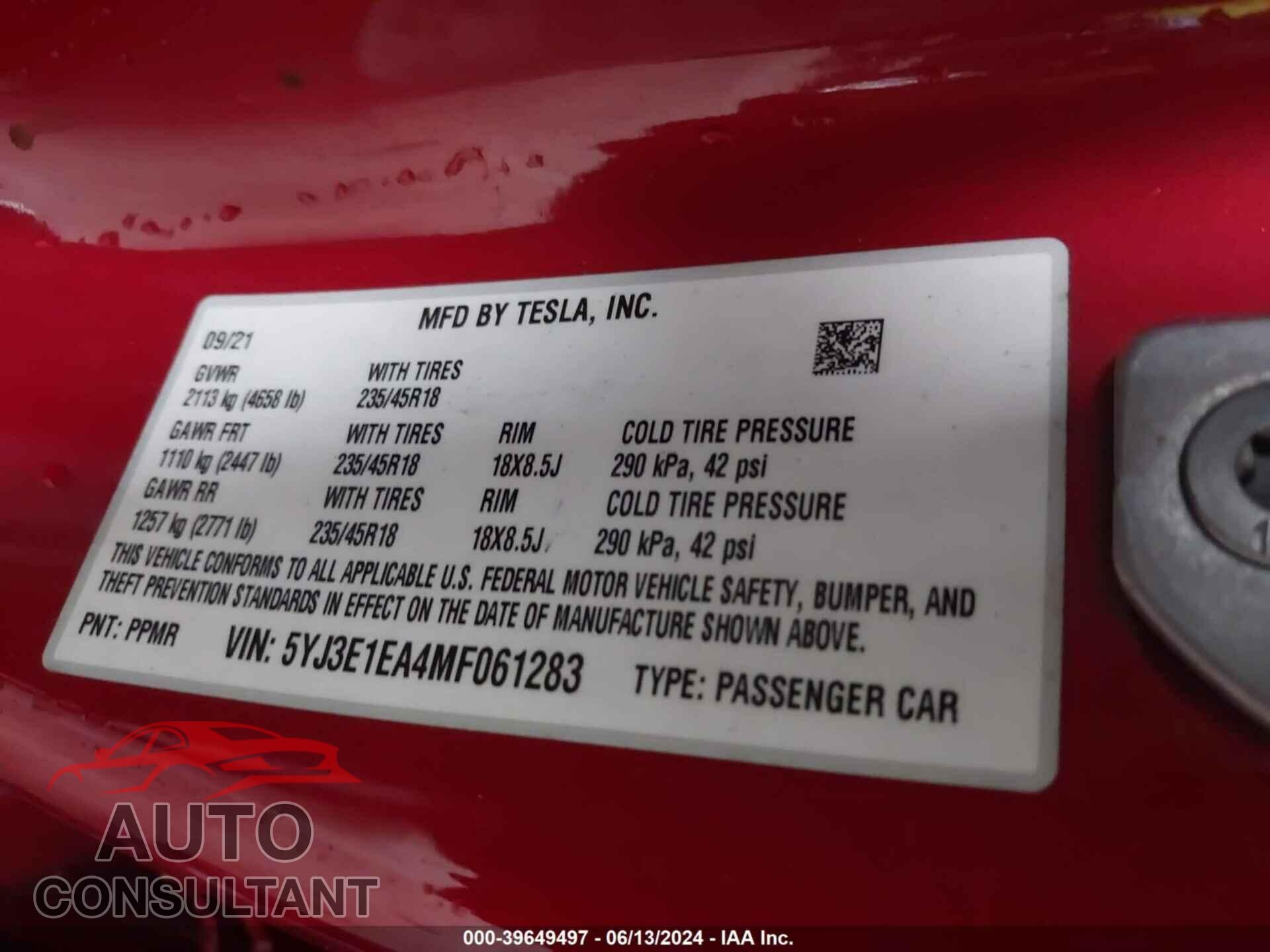 TESLA MODEL 3 2021 - 5YJ3E1EA4MF061283