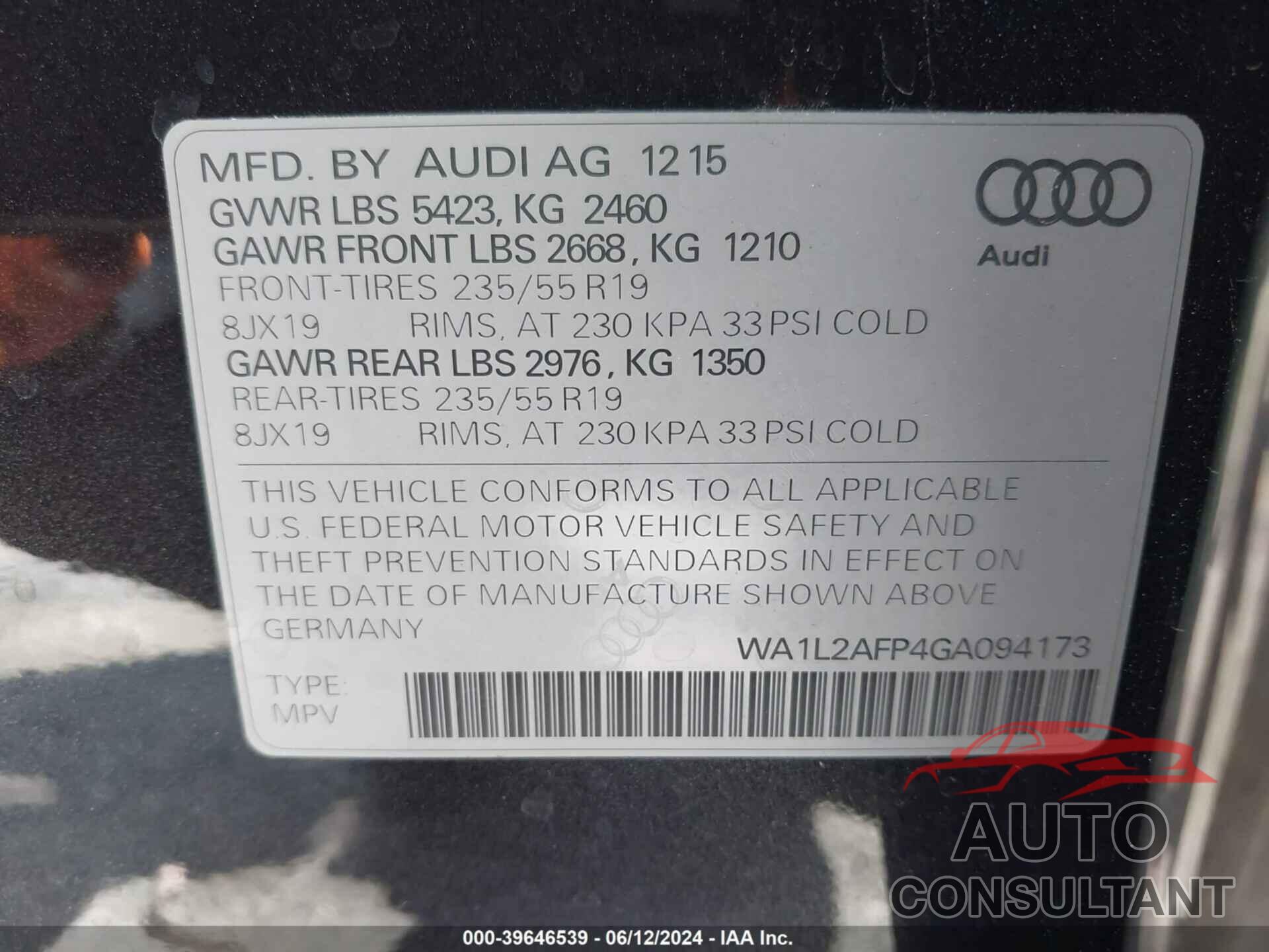 AUDI Q5 2016 - WA1L2AFP4GA094173