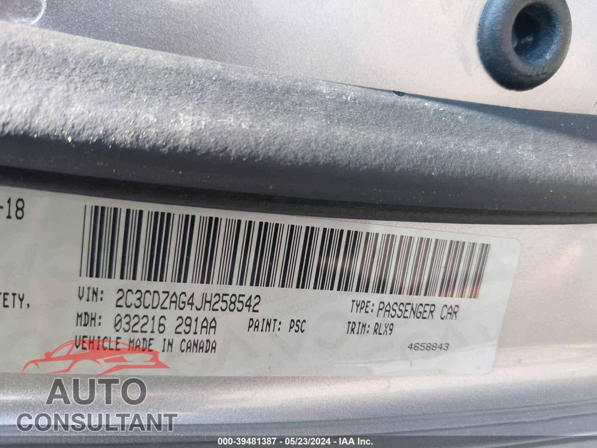 DODGE CHALLENGER 2018 - 2C3CDZAG4JH258542