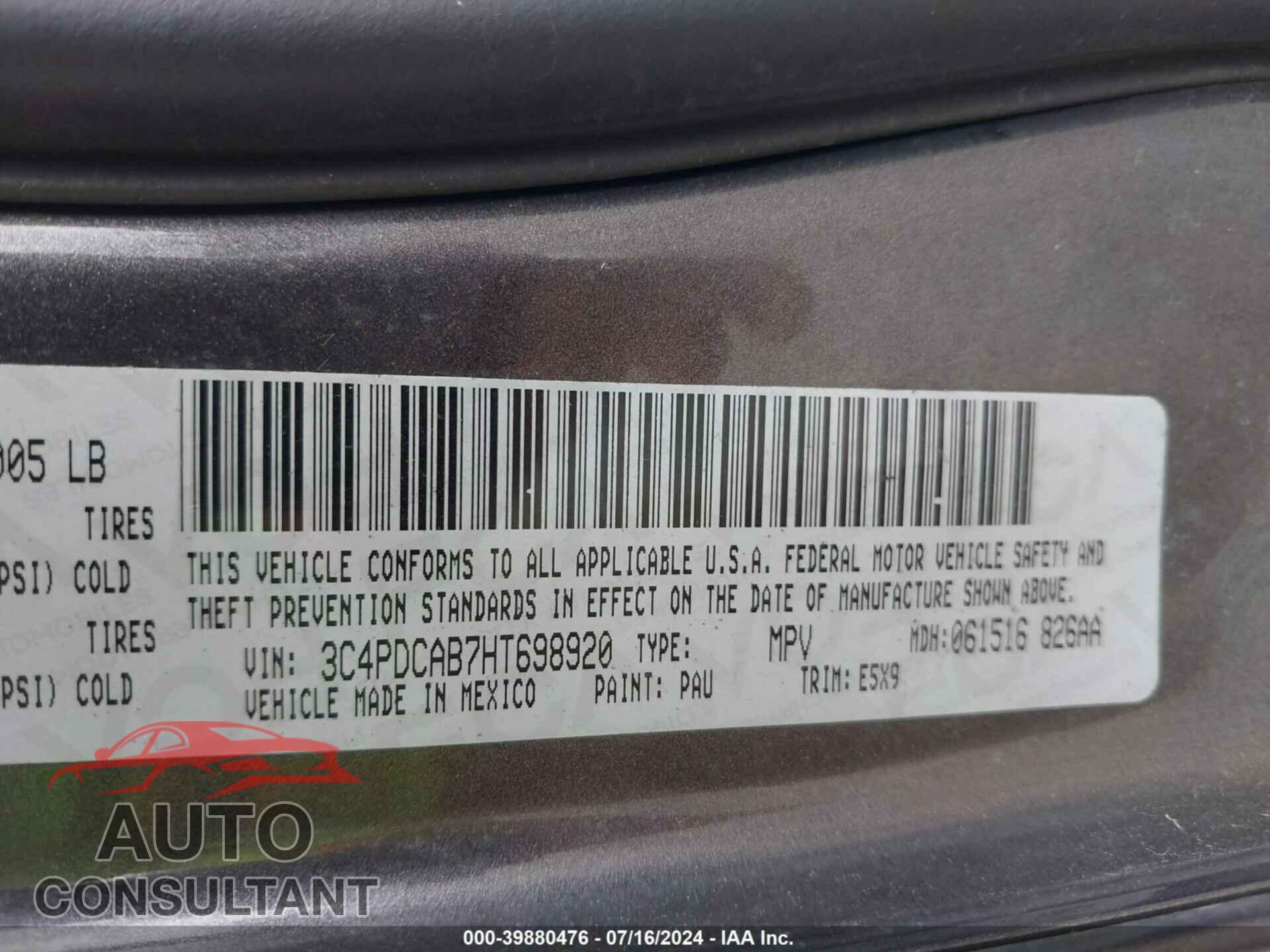 DODGE JOURNEY 2017 - 3C4PDCAB7HT698920