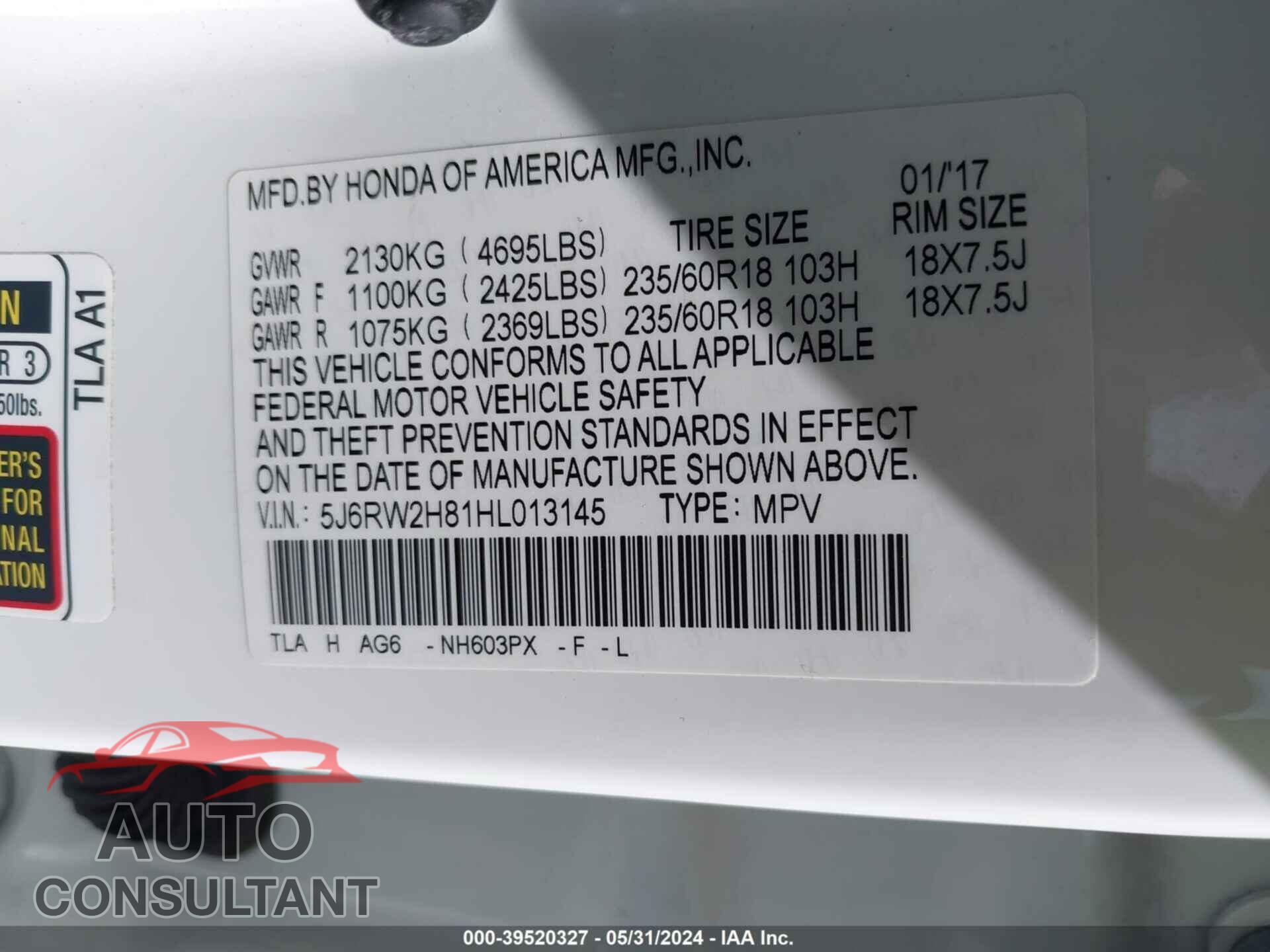 HONDA CR-V 2017 - 5J6RW2H81HL013145