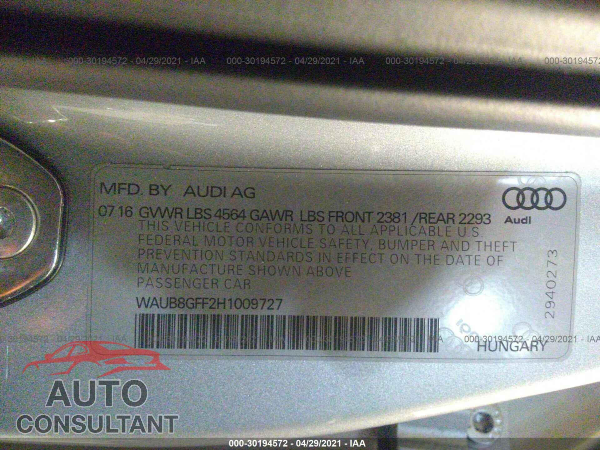 AUDI A3 SEDAN 2017 - WAUB8GFF2H1009727