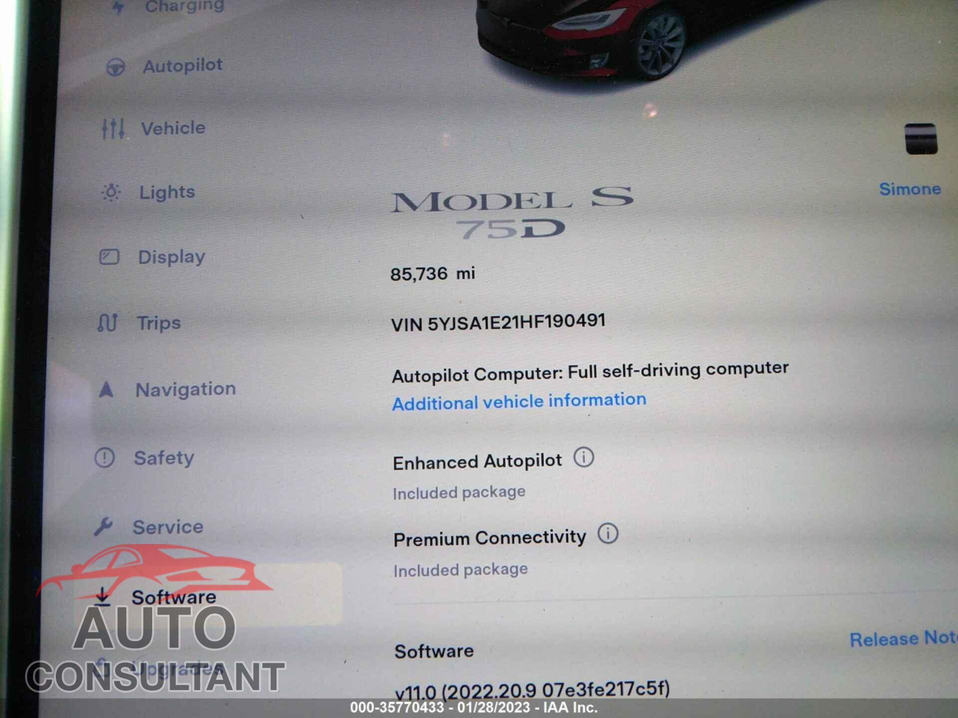 TESLA MODEL S 2017 - 5YJSA1E21HF190491