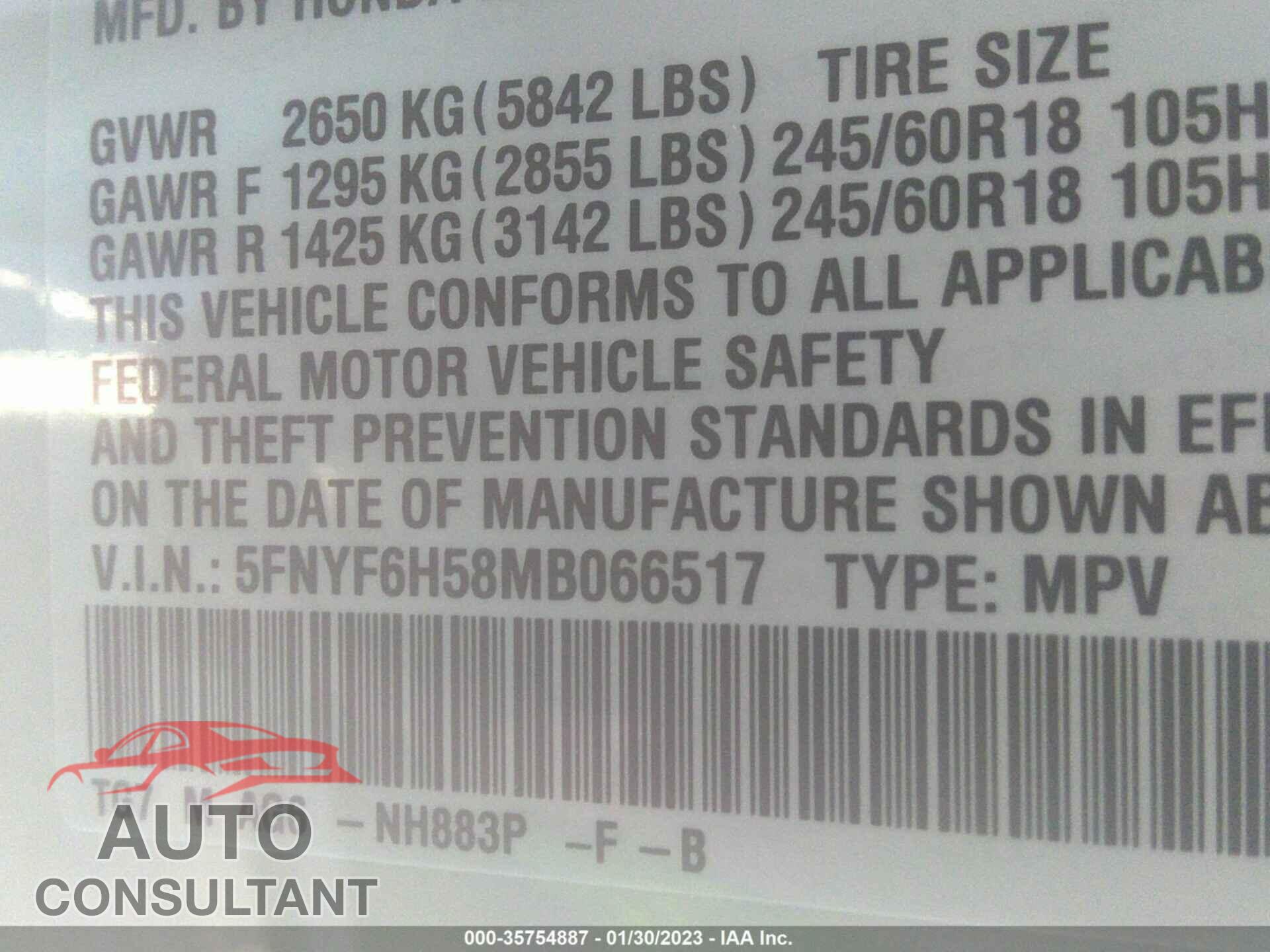 HONDA PILOT 2021 - 5FNYF6H58MB066517