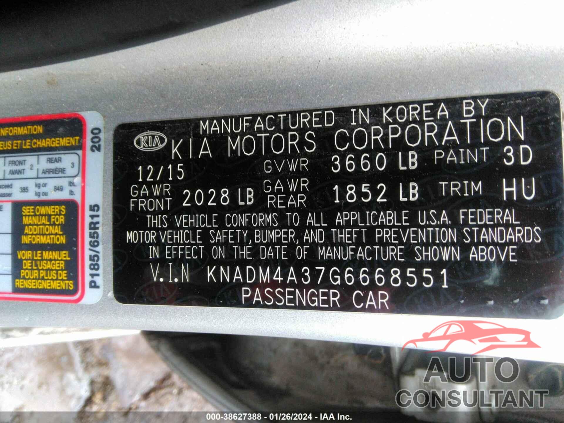 KIA RIO 2016 - KNADM4A37G6668551