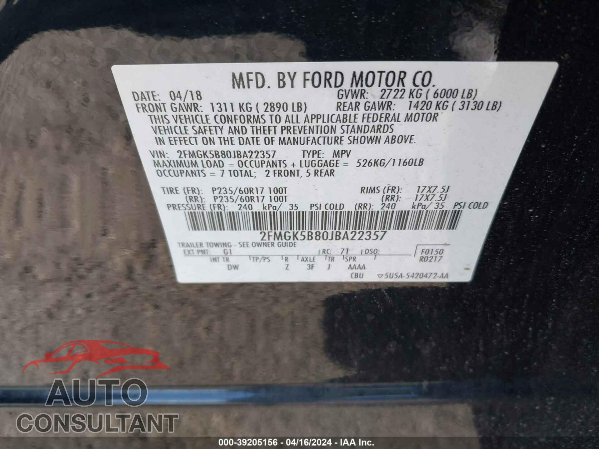 FORD FLEX 2018 - 2FMGK5B80JBA22357