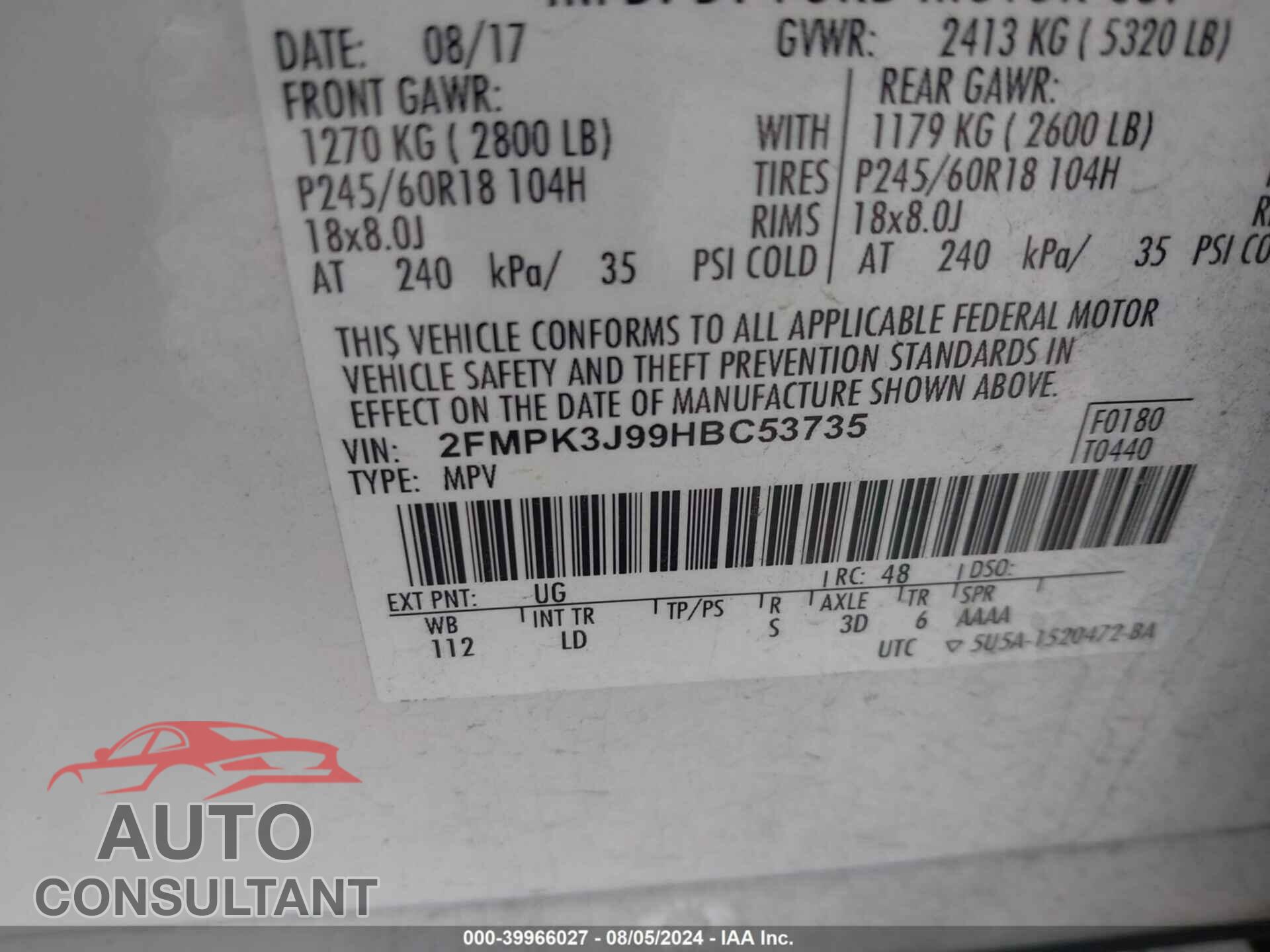 FORD EDGE 2017 - 2FMPK3J99HBC53735