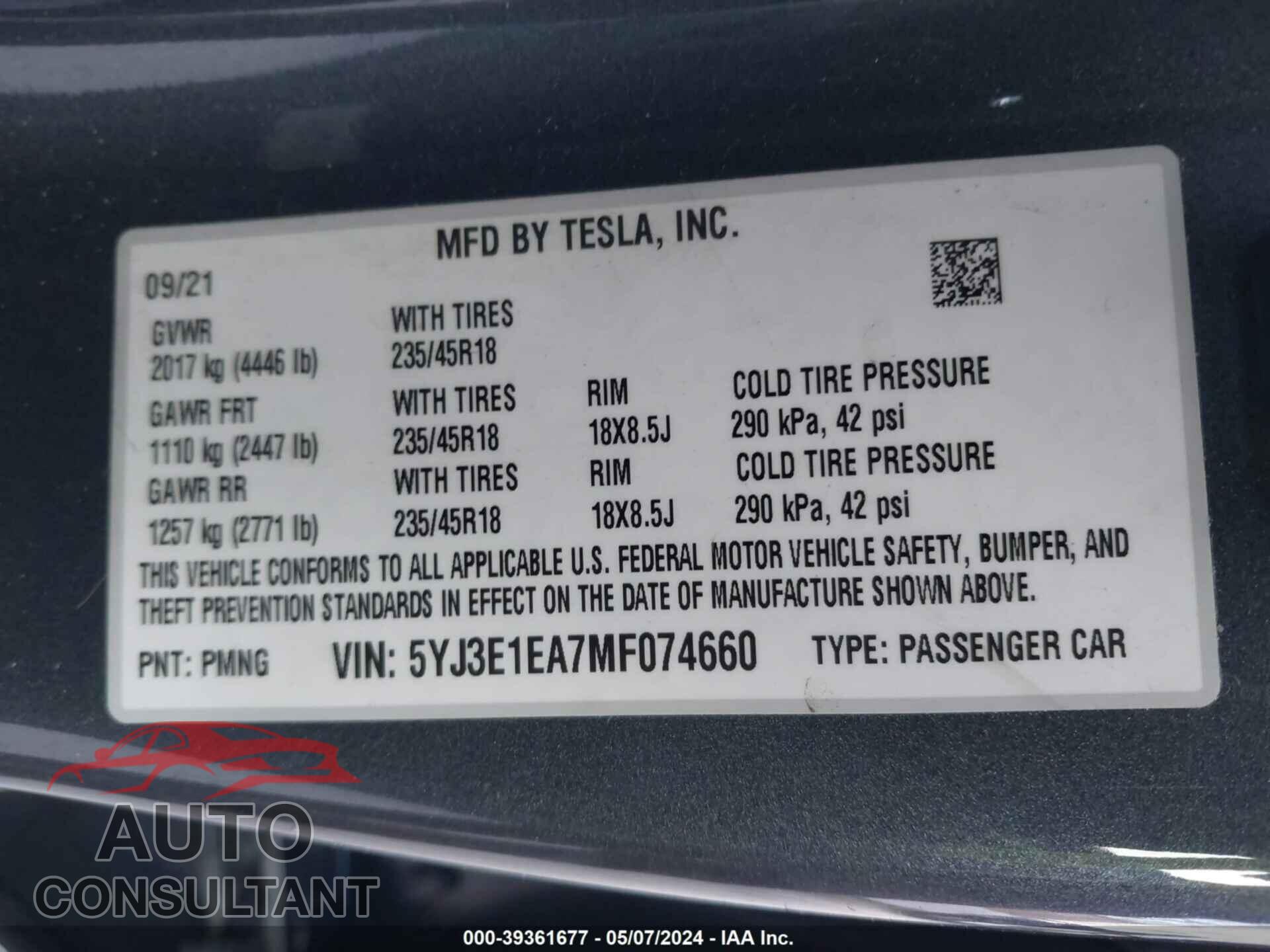 TESLA MODEL 3 2021 - 5YJ3E1EA7MF074660