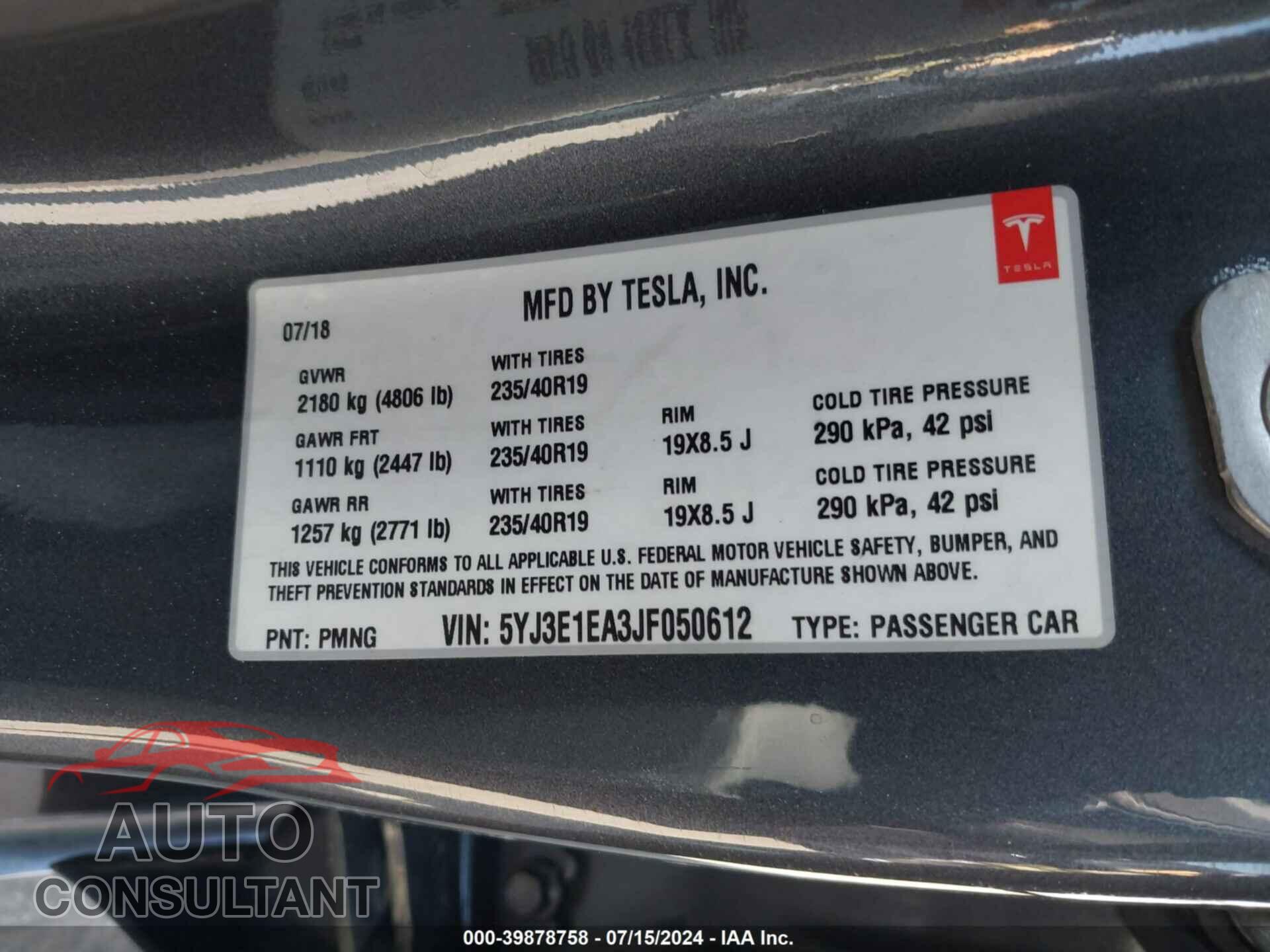 TESLA MODEL 3 2018 - 5YJ3E1EA3JF050612