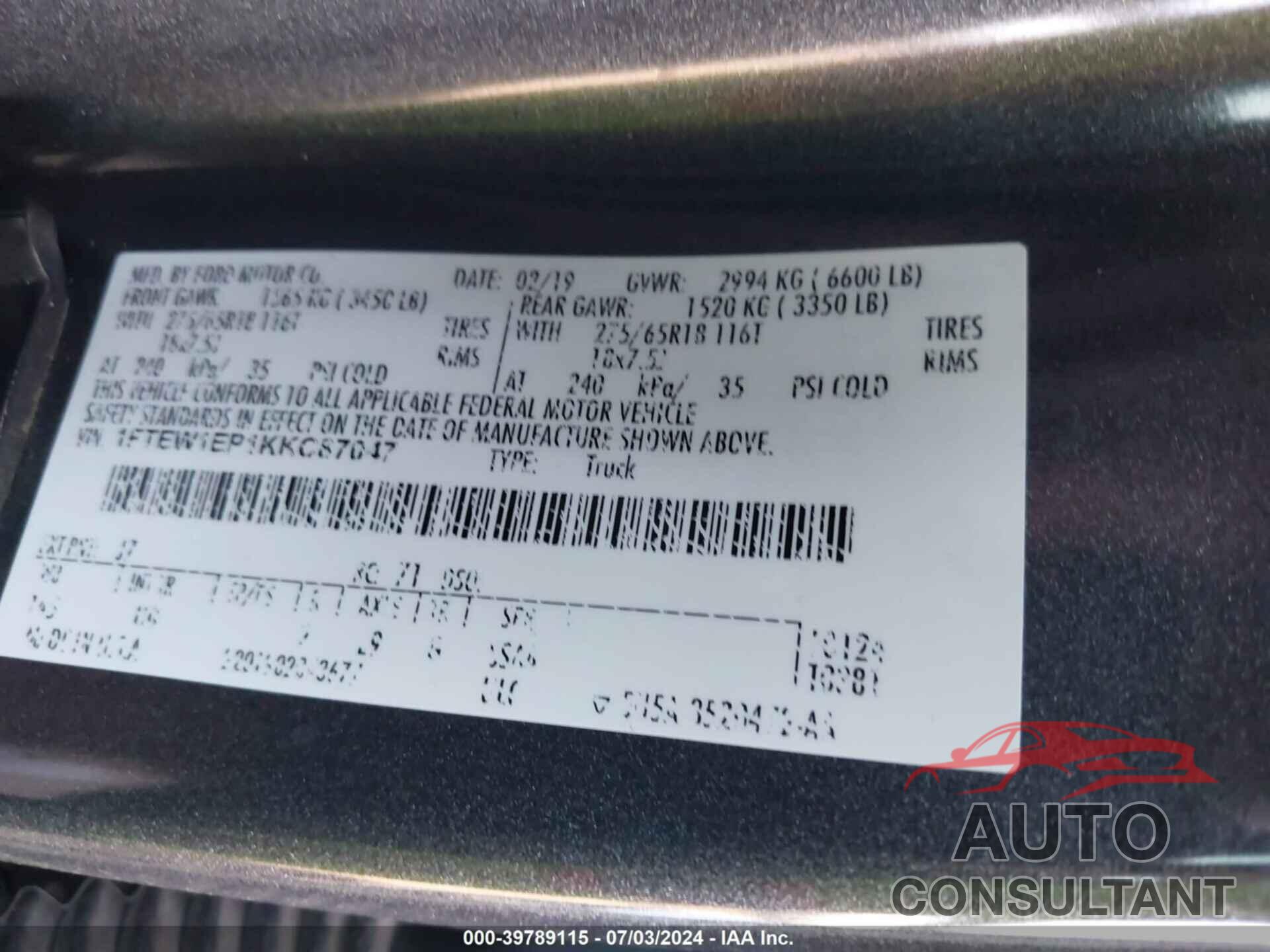 FORD F-150 2019 - 1FTEW1EP1KKC87047