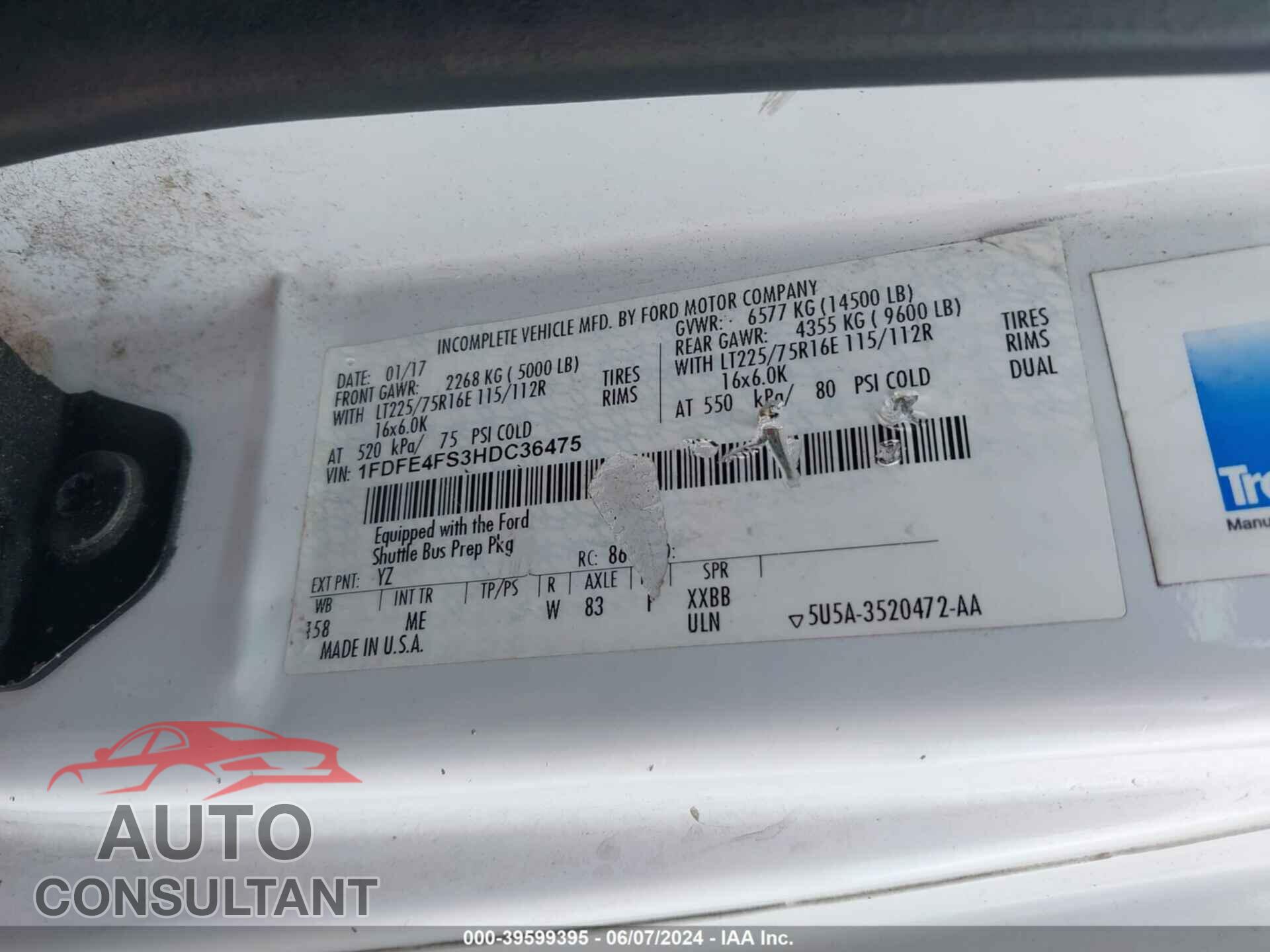 FORD E-450 CUTAWAY 2017 - 1FDFE4FS3HDC36475