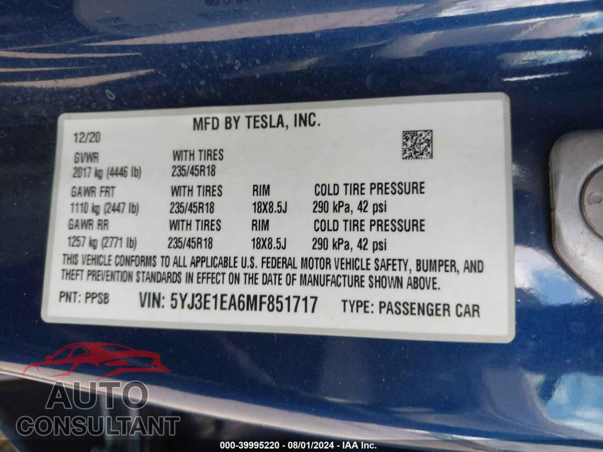TESLA MODEL 3 2021 - 5YJ3E1EA6MF851717