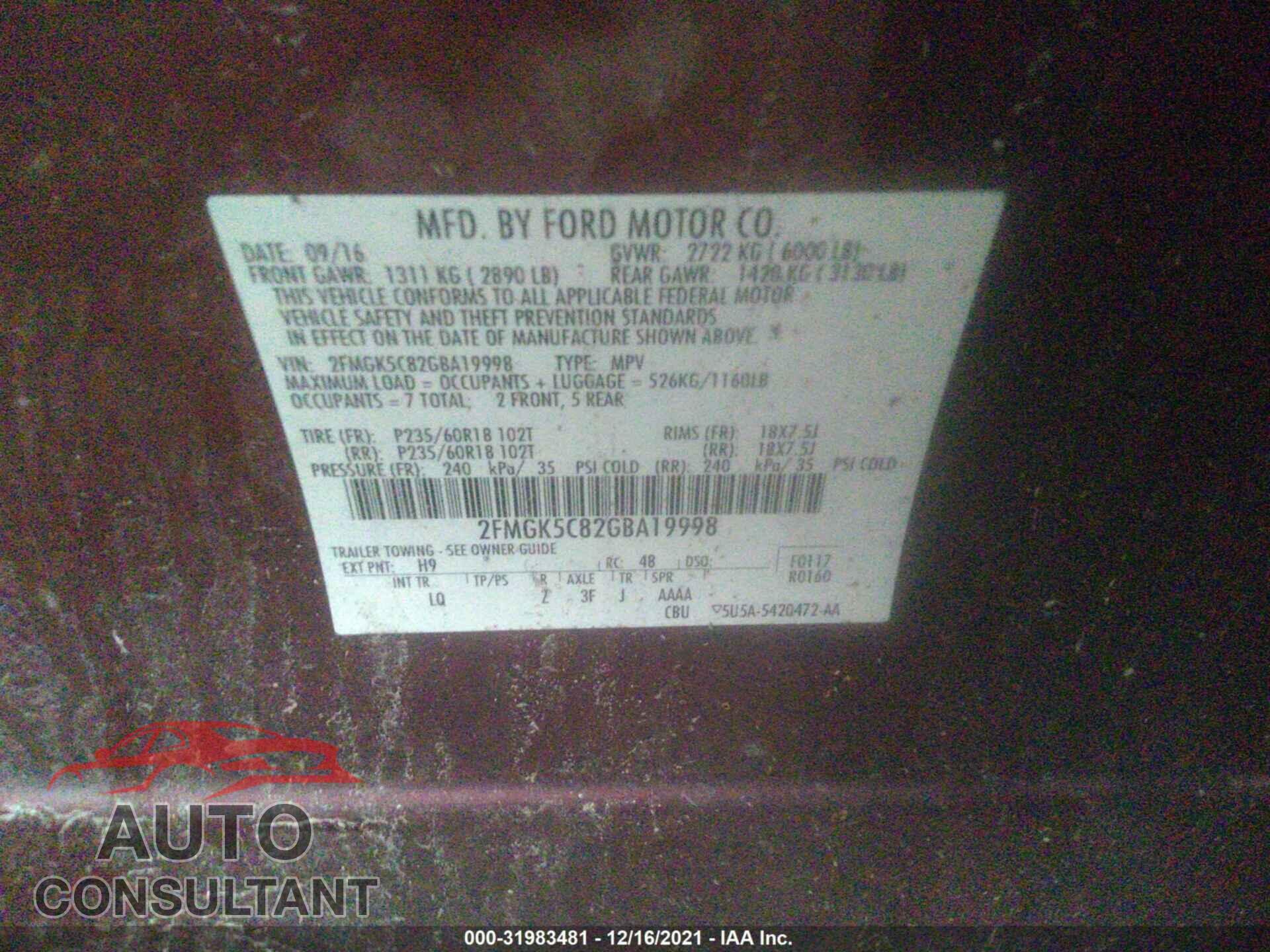 FORD FLEX 2016 - 2FMGK5C82GBA19998