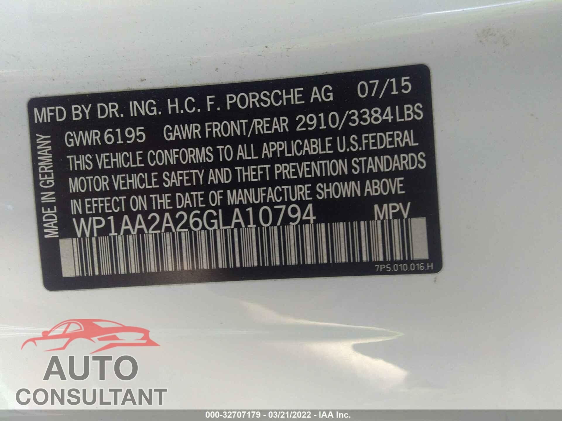 PORSCHE CAYENNE 2016 - WP1AA2A26GLA10794