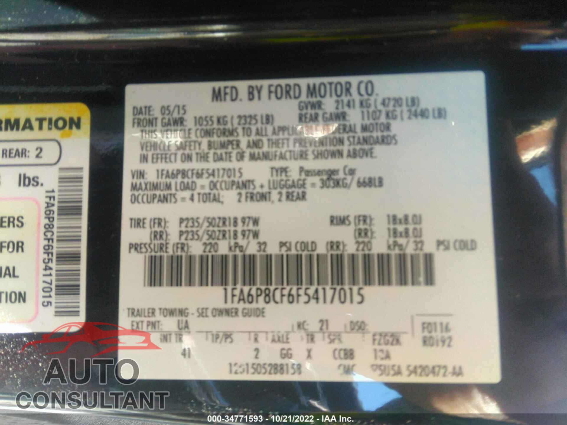 FORD MUSTANG 2015 - 1FA6P8CF6F5417015