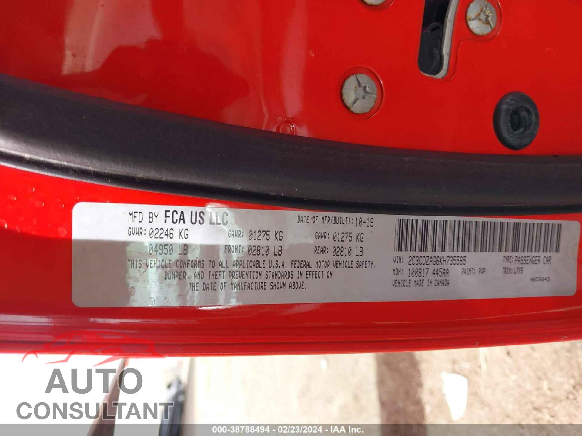 DODGE CHALLENGER 2019 - 2C3CDZAG6KH735585
