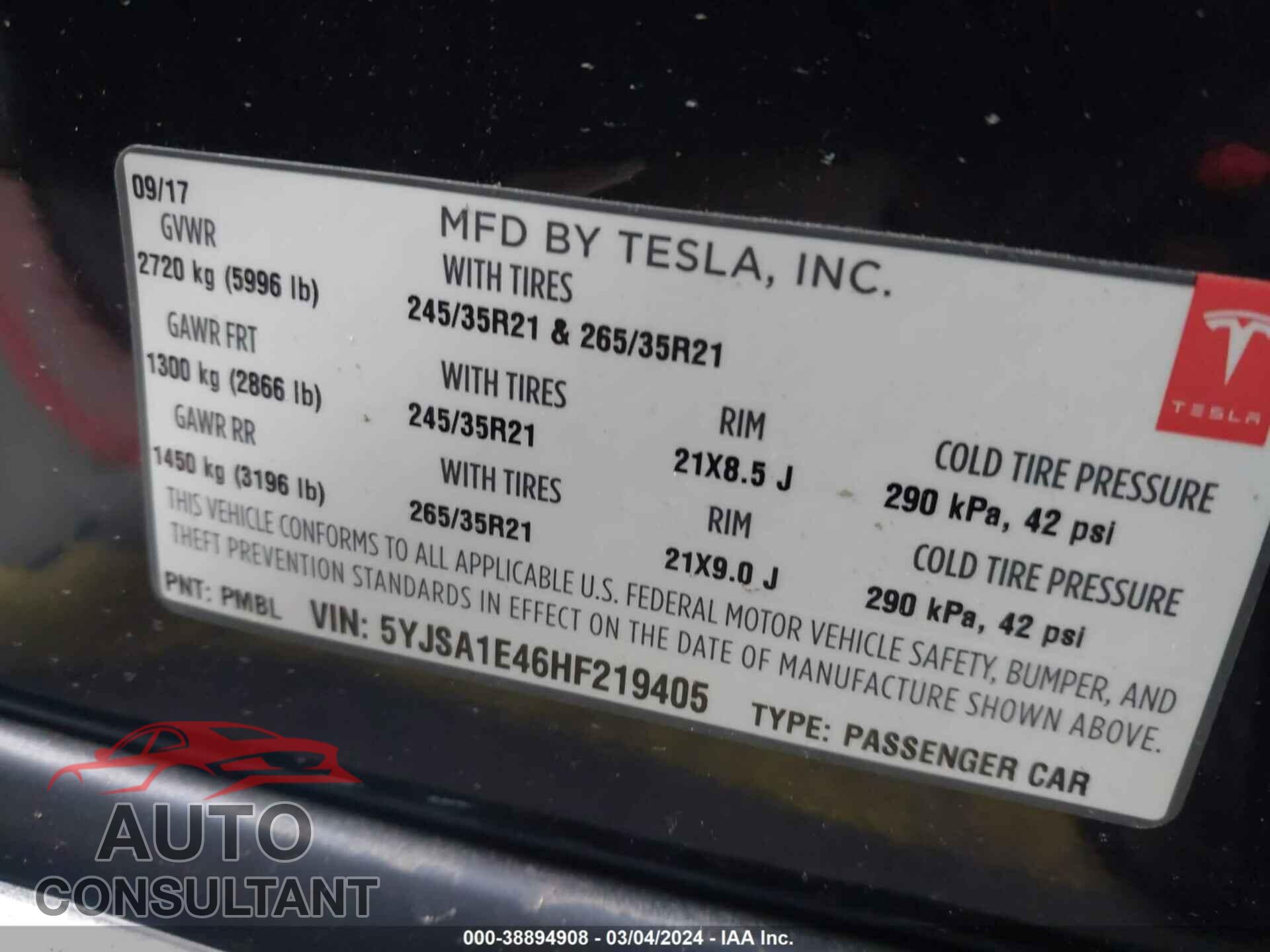 TESLA MODEL S 2017 - 5YJSA1E46HF219405